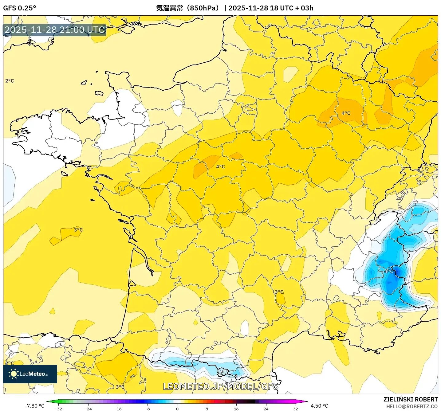 GFS model - フランス, 気温異常（850hPa）
