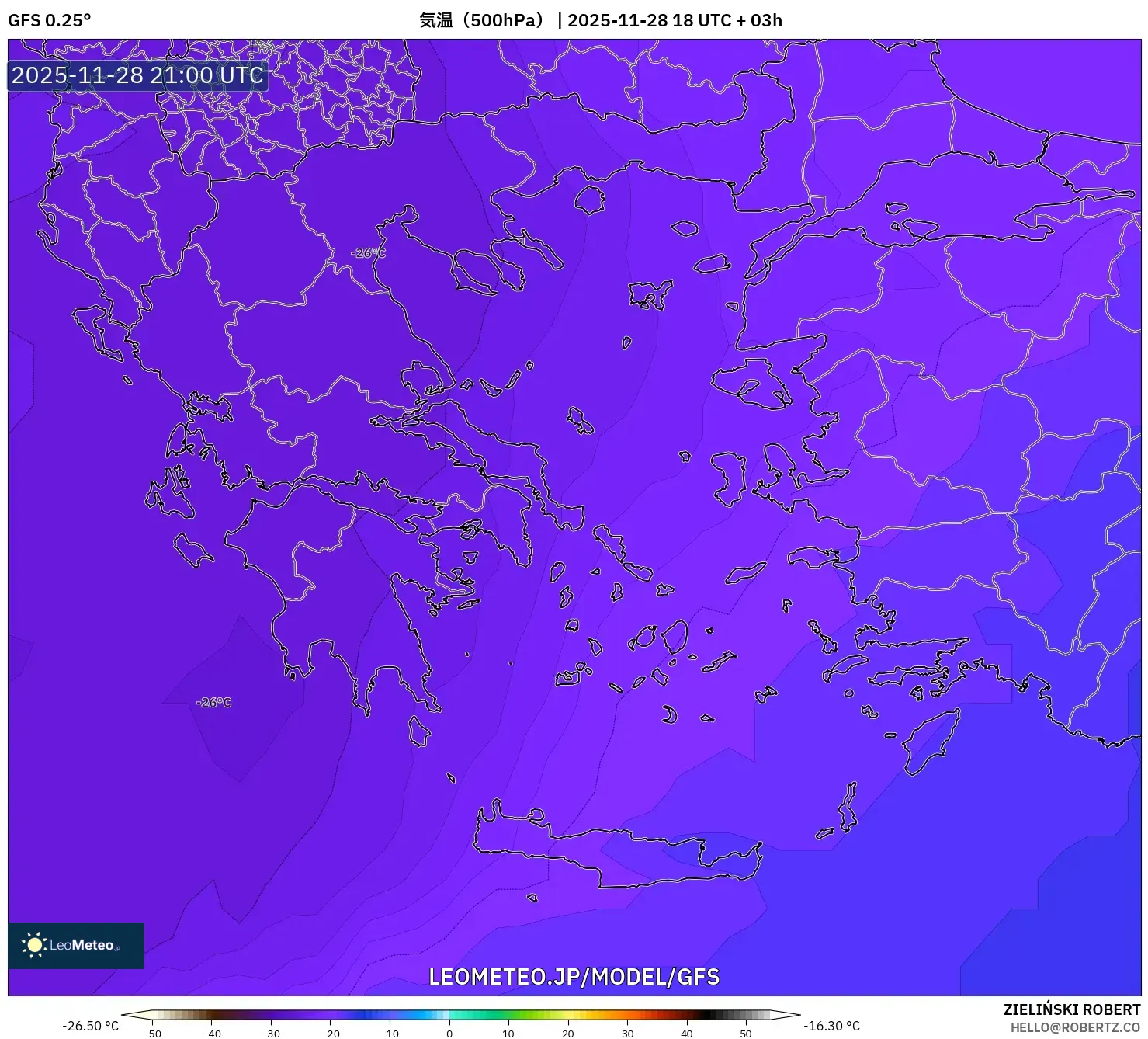 GFS model - ギリシャ, 気温（500hPa）