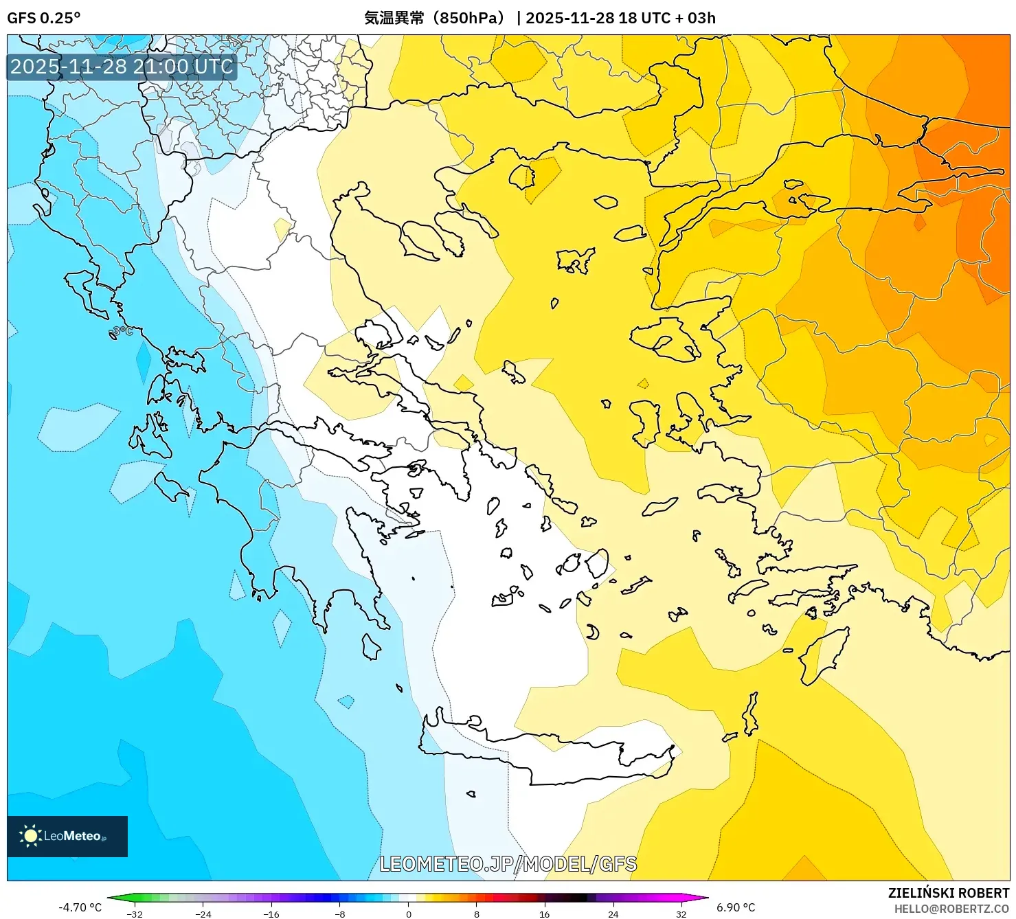 GFS model - ギリシャ, 気温異常（850hPa）