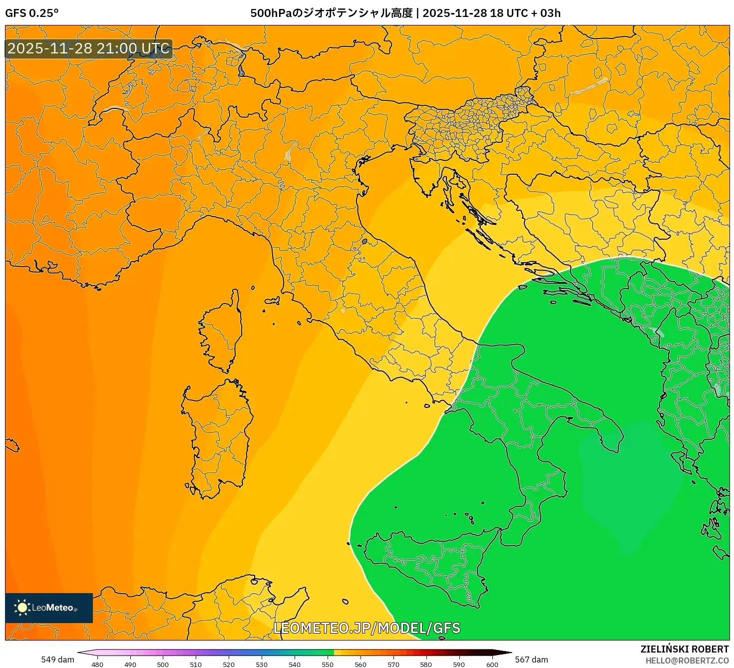 GFS model - イタリア, 500hPaのジオポテンシャル高度