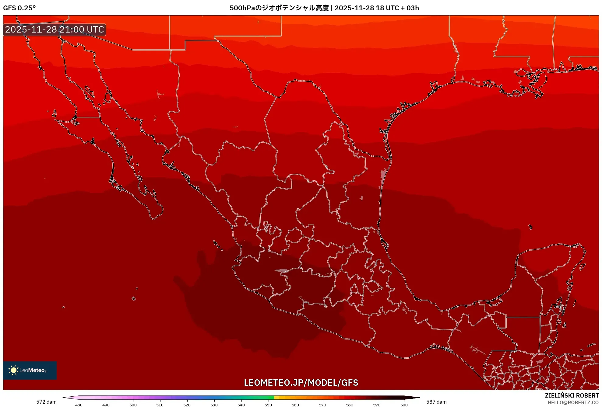 GFS model - メキシコ, 500hPaのジオポテンシャル高度