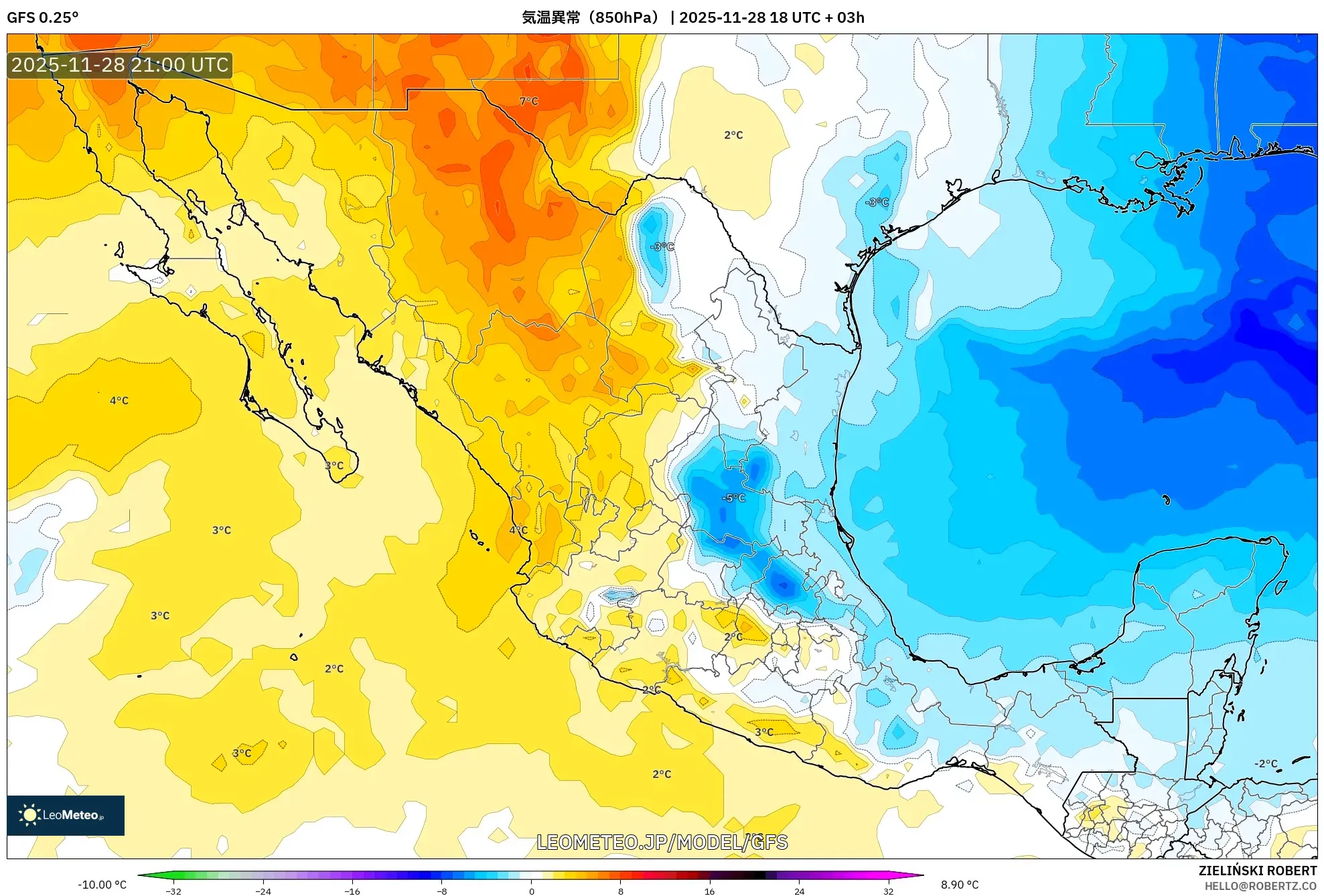 GFS model - メキシコ, 気温異常（850hPa）