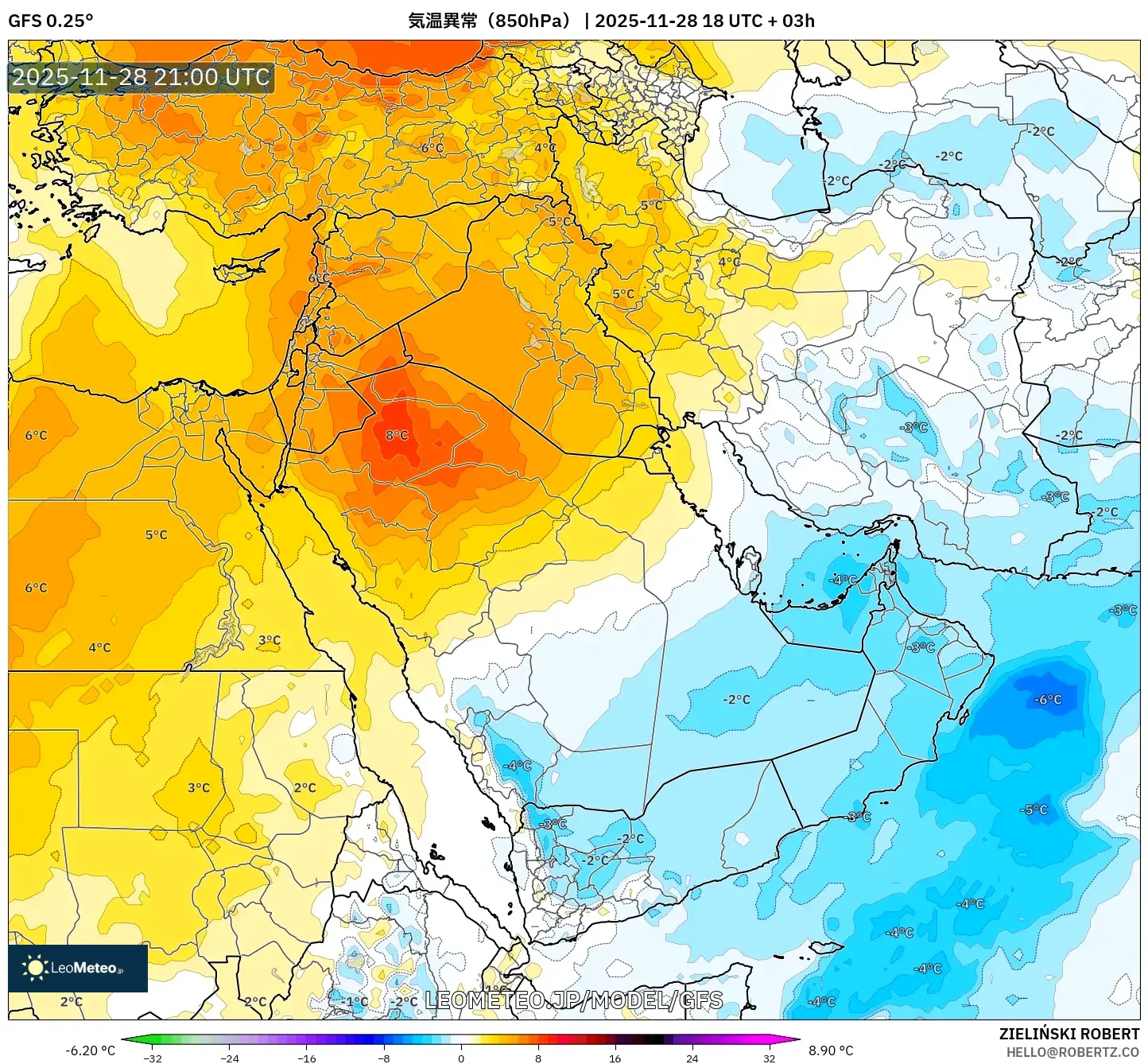 GFS model - 中東, 気温異常（850hPa）