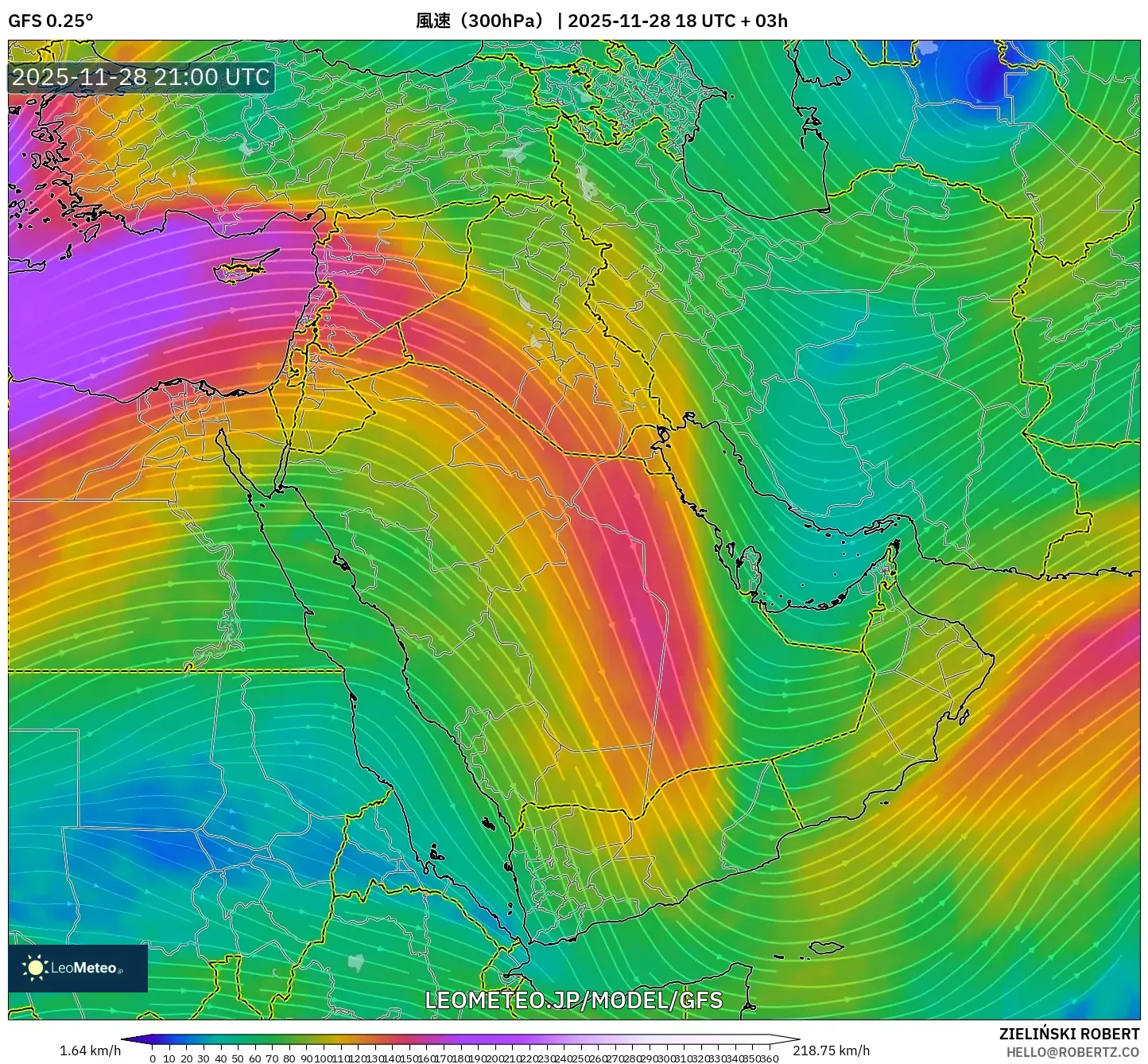 GFS model - 中東, 風速（300hPa）