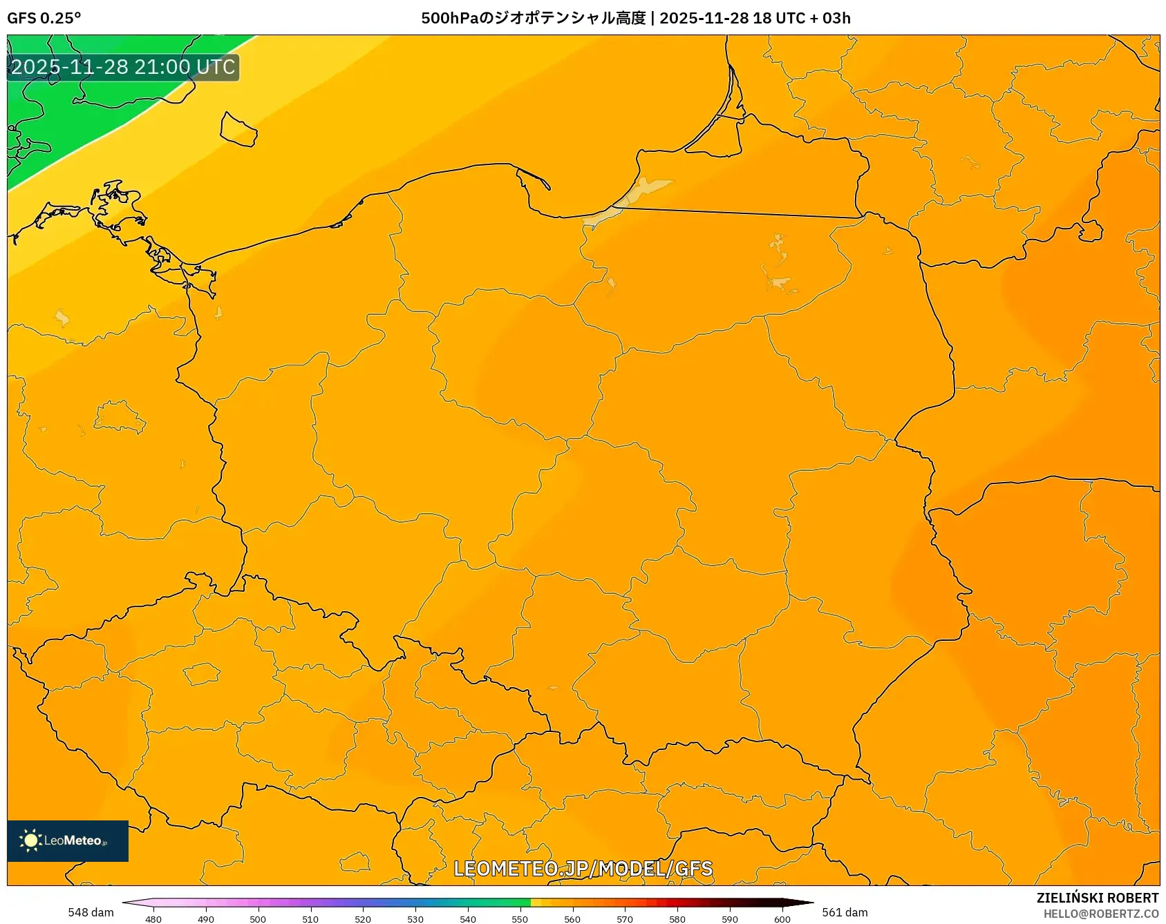 GFS model - ポーランド, 500hPaのジオポテンシャル高度