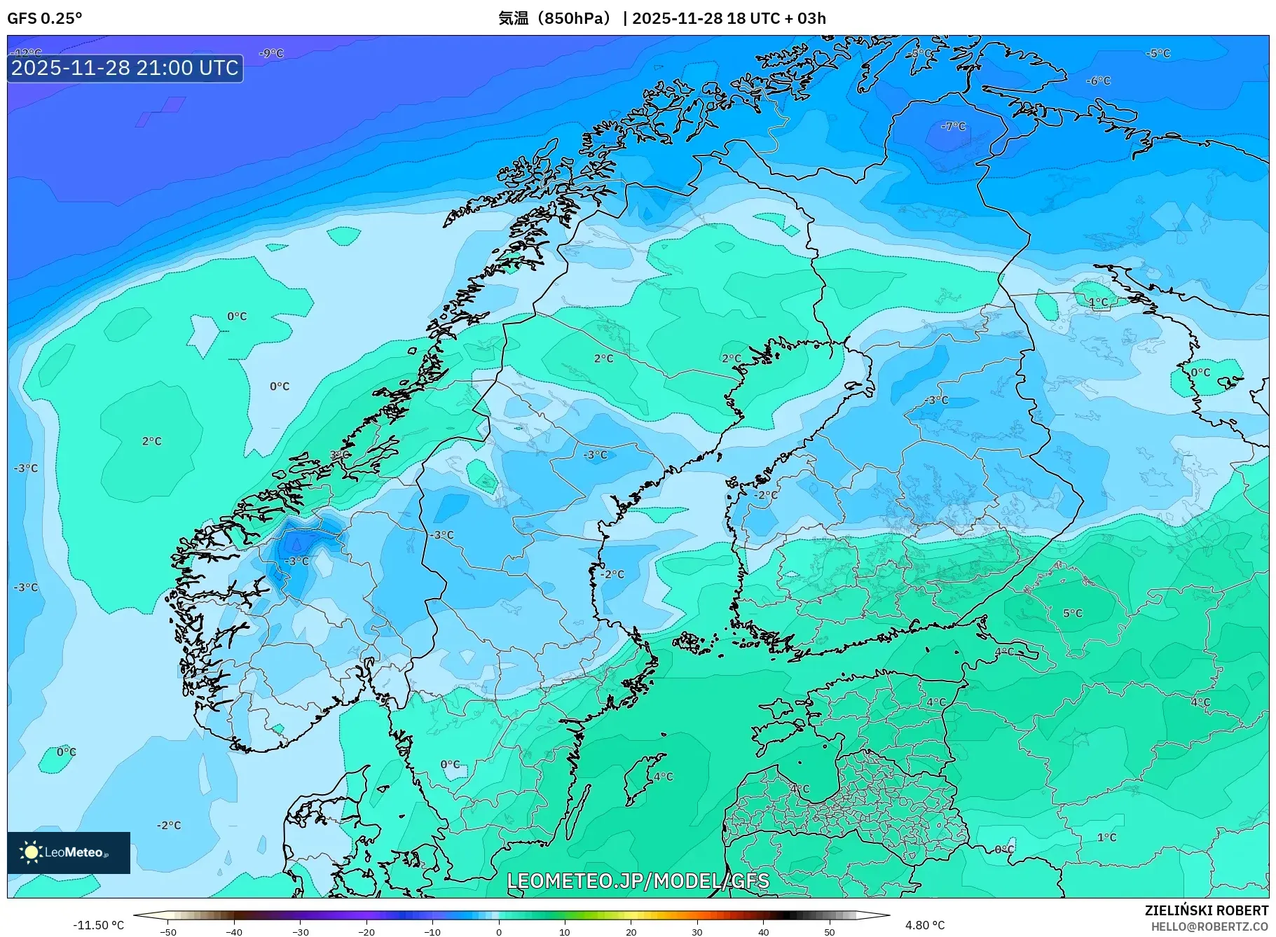 GFS model - スカンジナビア, 気温（850hPa）
