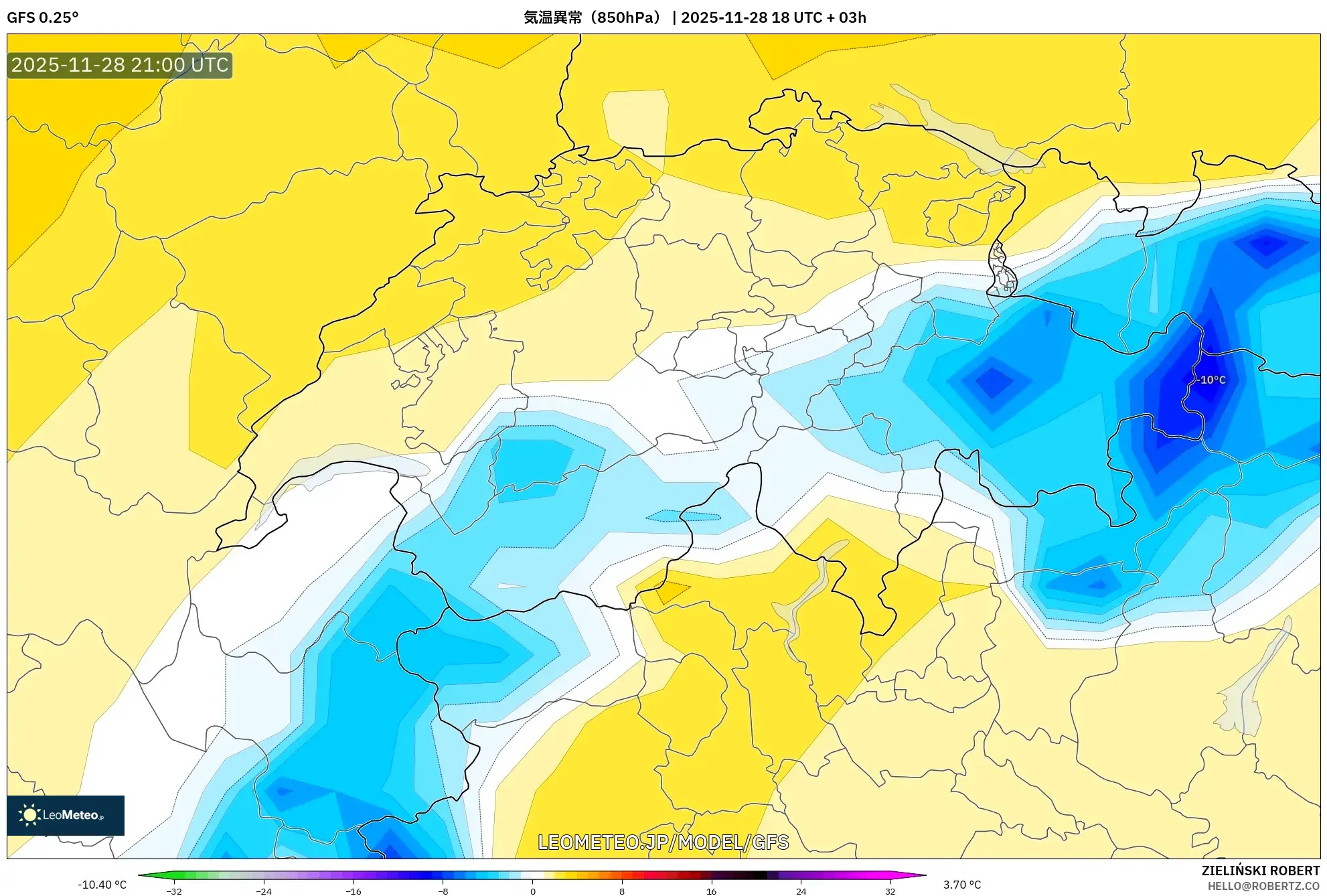 GFS model - スイス, 気温異常（850hPa）
