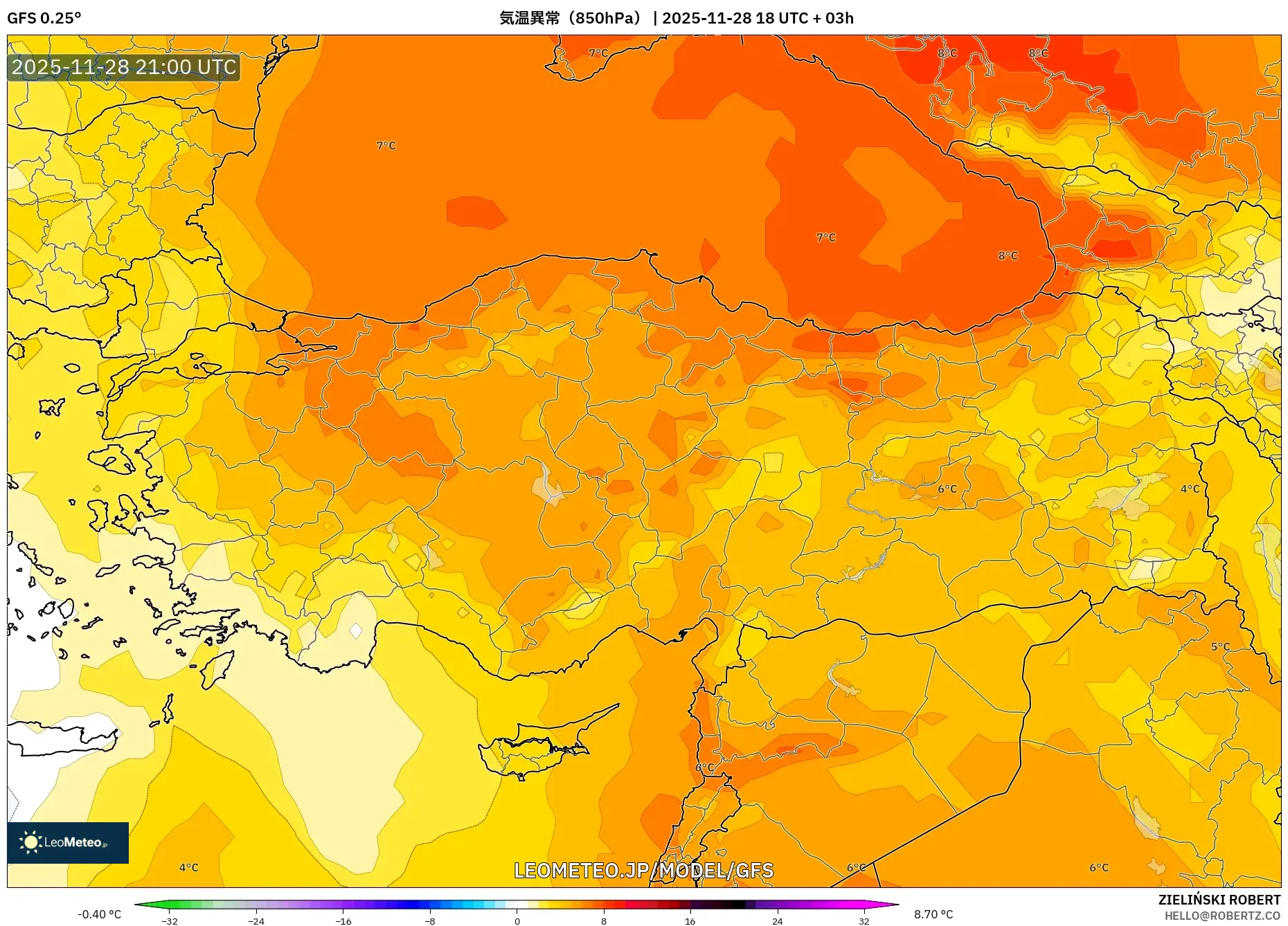 GFS model - トルコ, 気温異常（850hPa）
