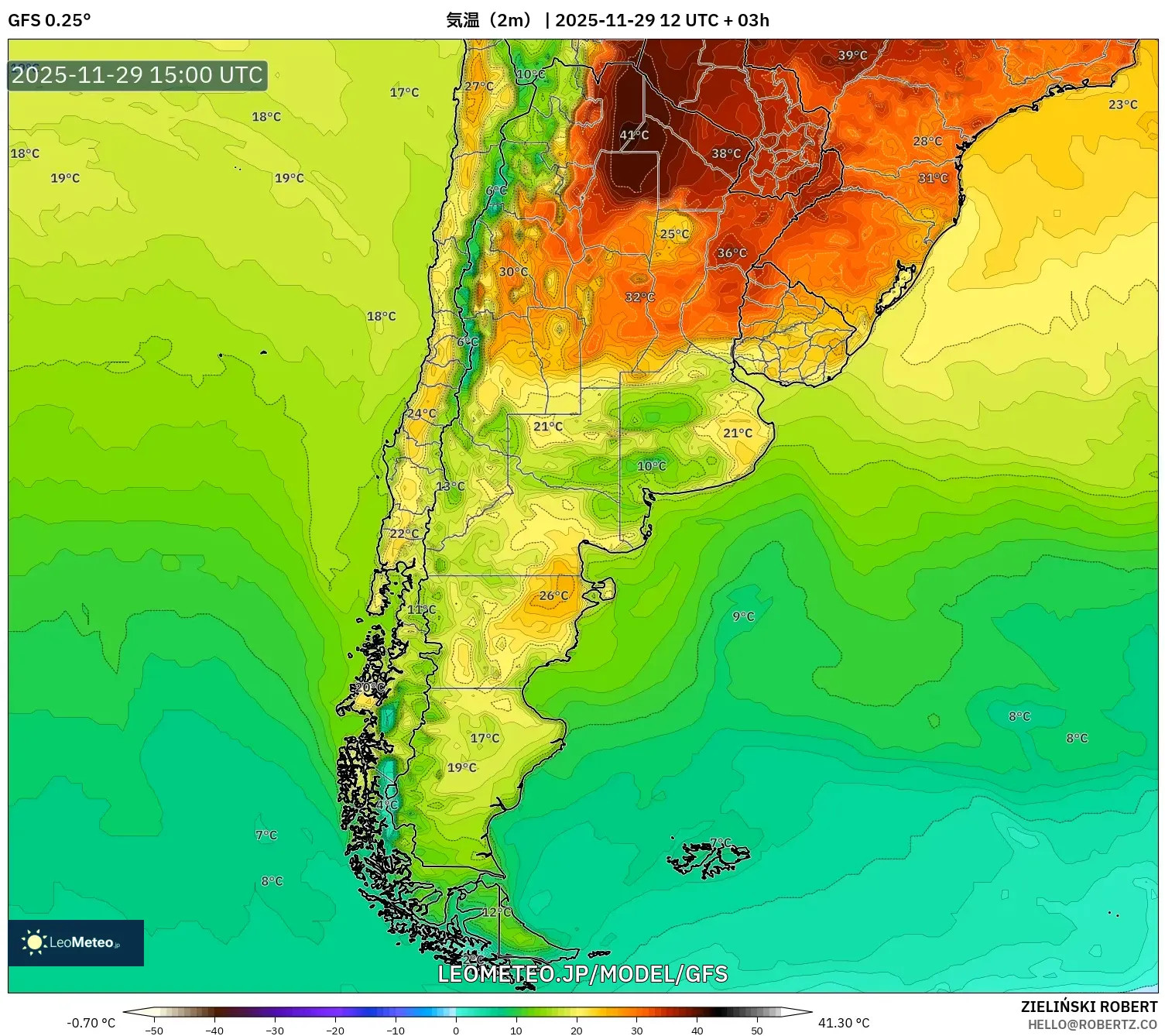GFS model - アルゼンチン, 気温（2m）
