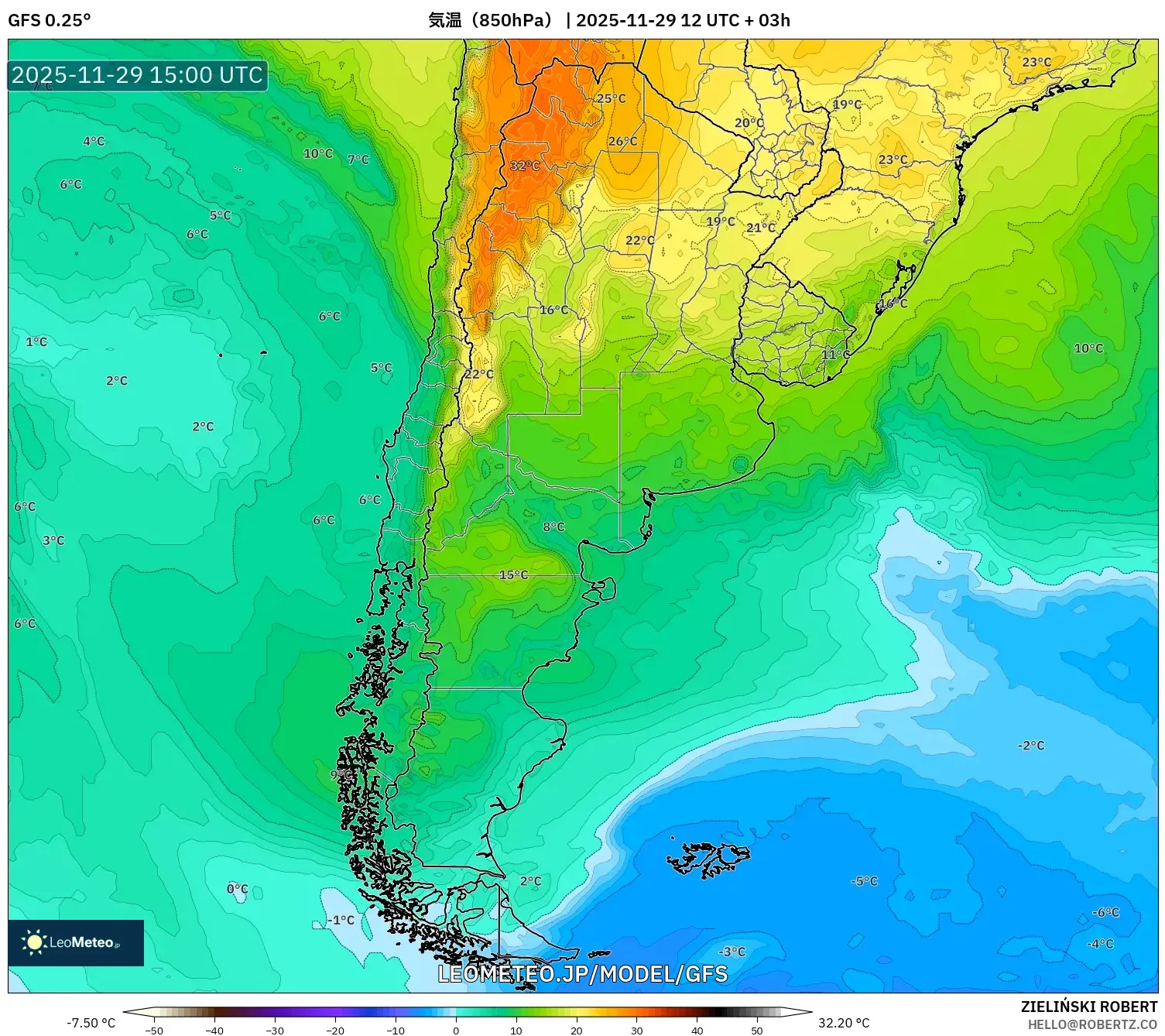 GFS model - アルゼンチン, 気温（850hPa）