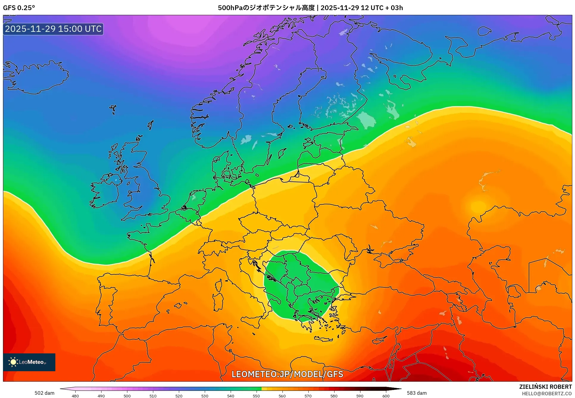 GFS model - ヨーロッパ, 500hPaのジオポテンシャル高度