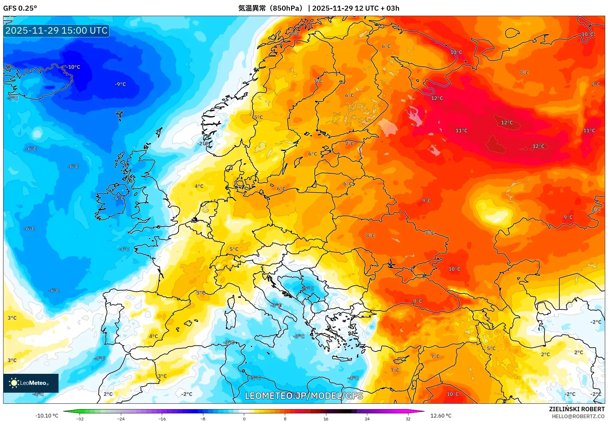GFS model - ヨーロッパ, 気温異常（850hPa）