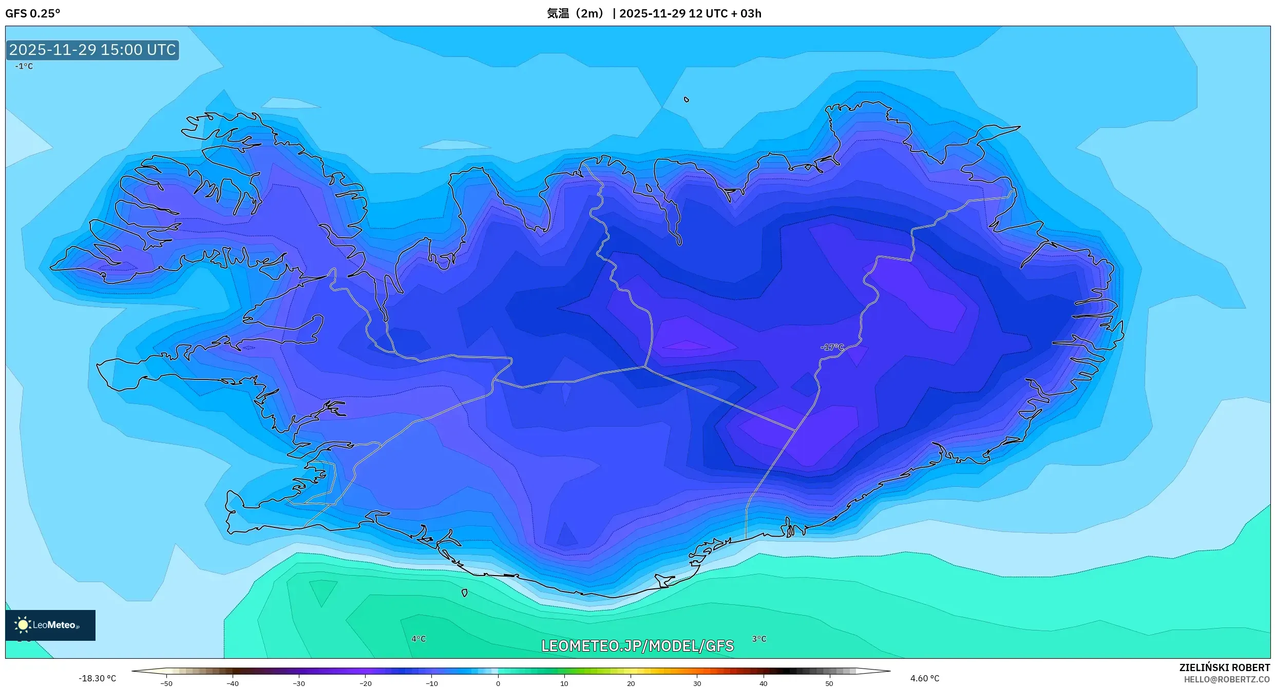 GFS model - アイスランド, 気温（2m）