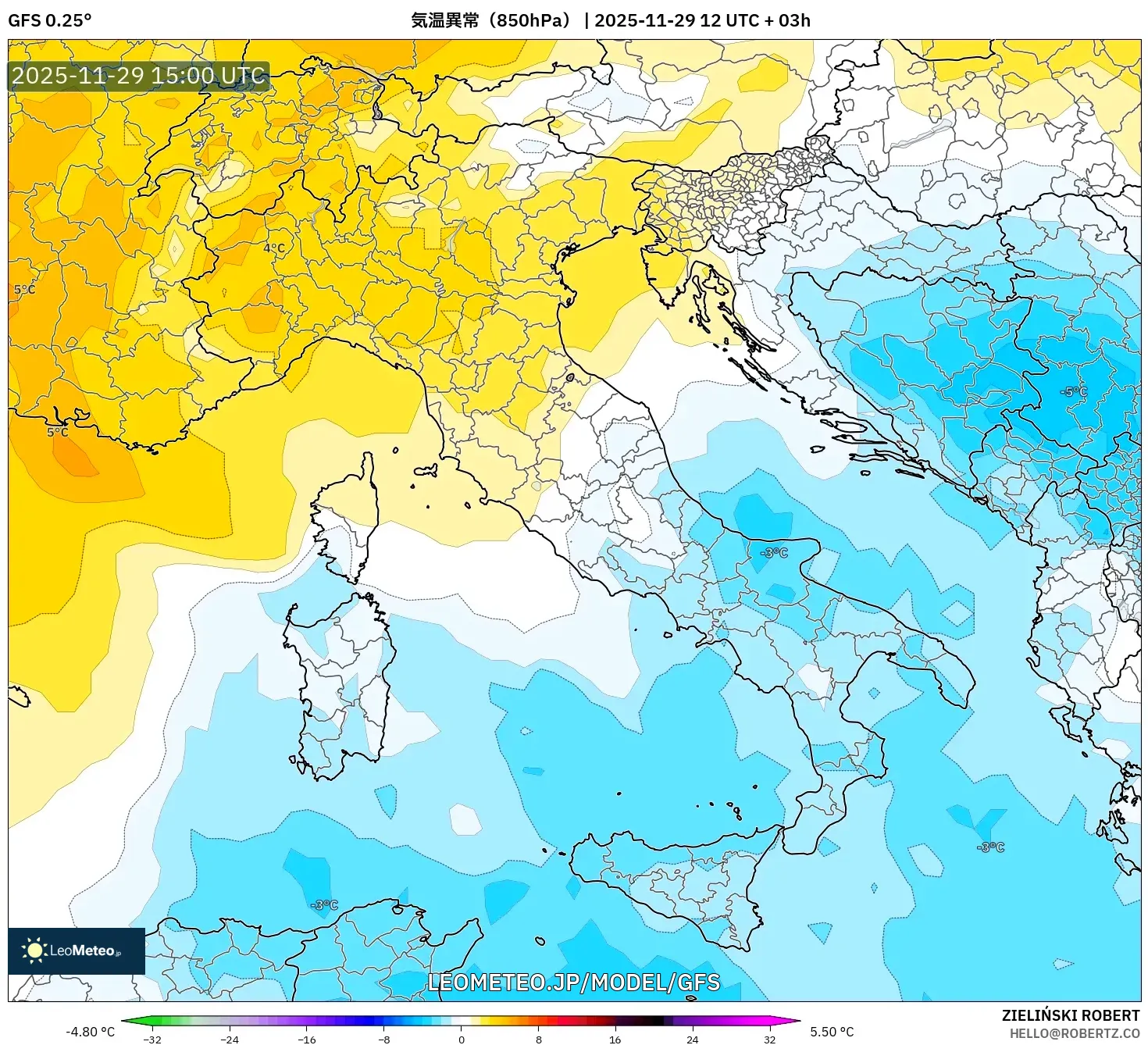 GFS model - イタリア, 気温異常（850hPa）