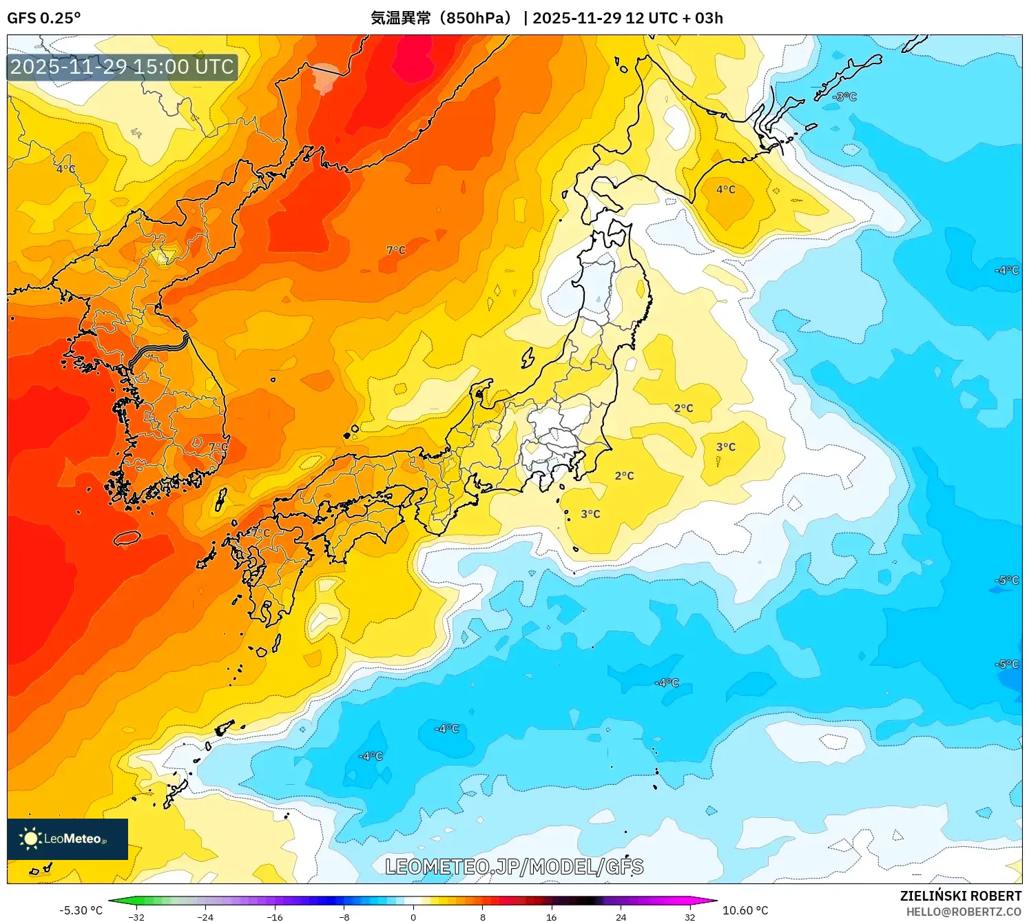GFS model - 日本, 気温異常（850hPa）