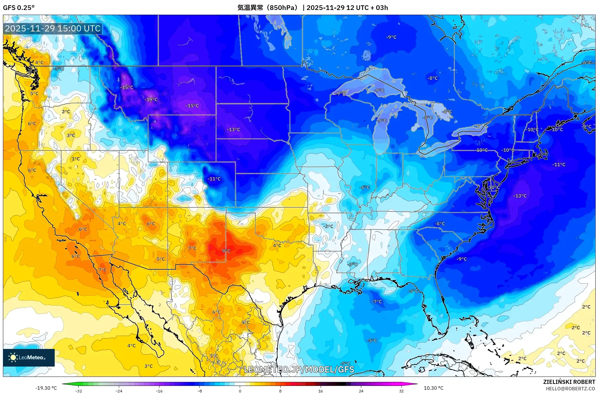 GFS model - アメリカ合衆国, 気温異常（850hPa）