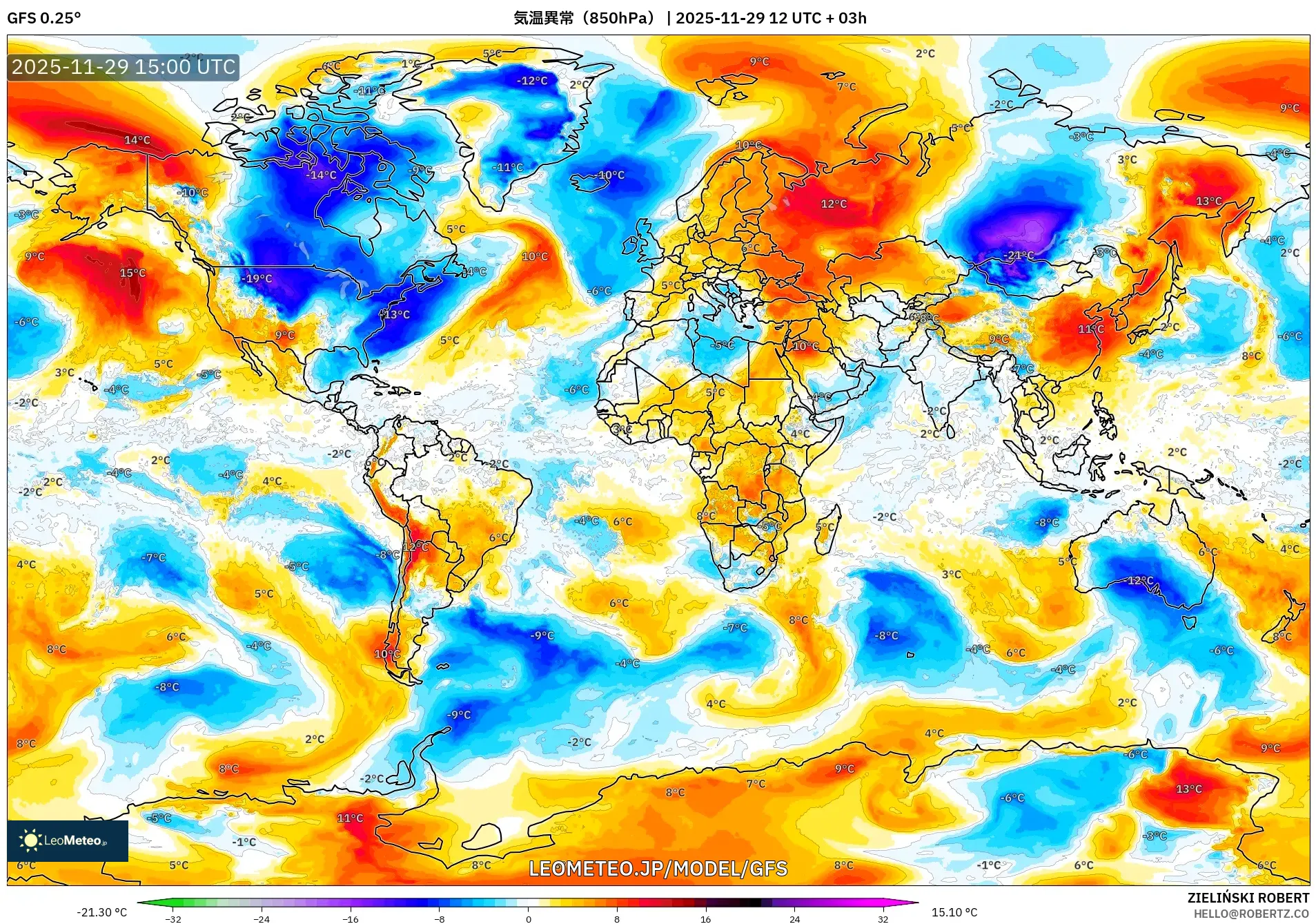 GFS model - 世界, 気温異常（850hPa）