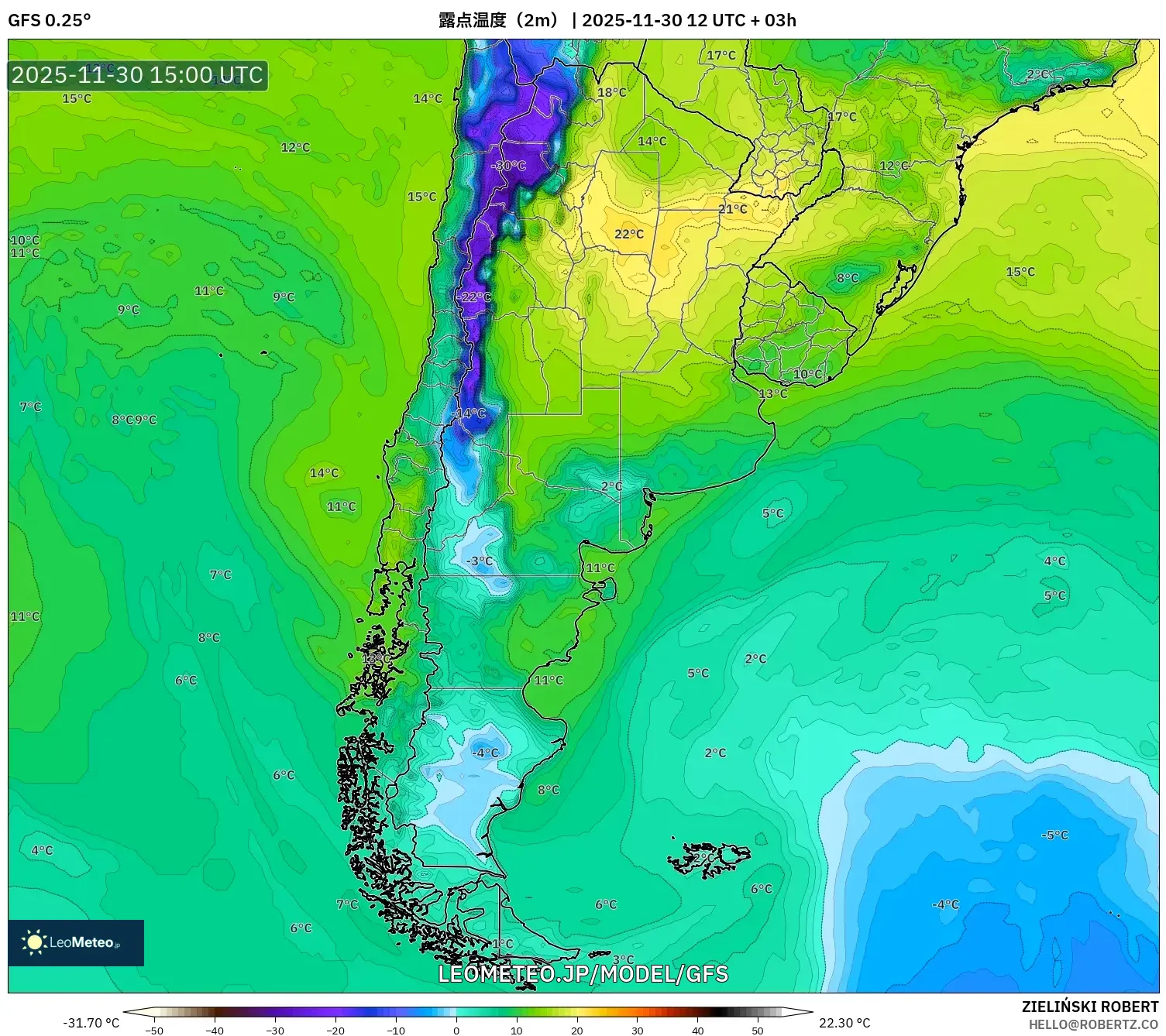 GFS model - アルゼンチン, 露点温度（2m）