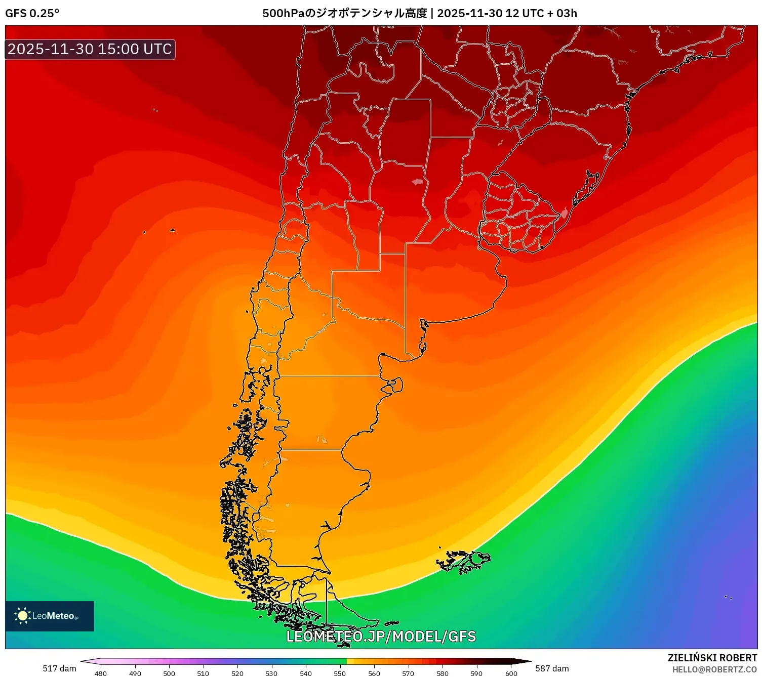GFS model - アルゼンチン, 500hPaのジオポテンシャル高度