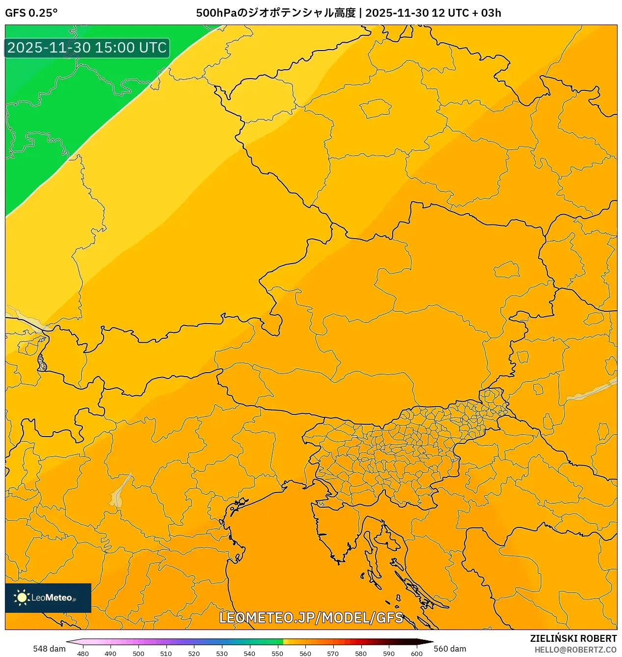GFS model - オーストリア, 500hPaのジオポテンシャル高度