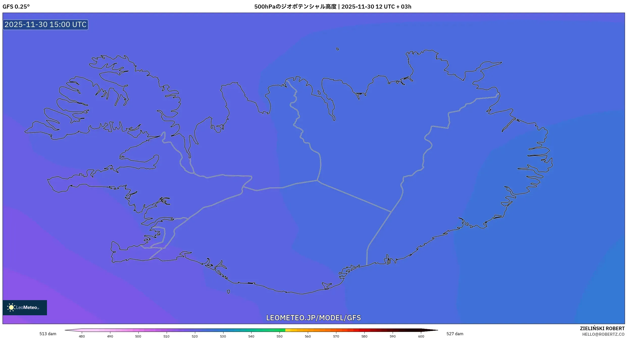 GFS model - アイスランド, 500hPaのジオポテンシャル高度