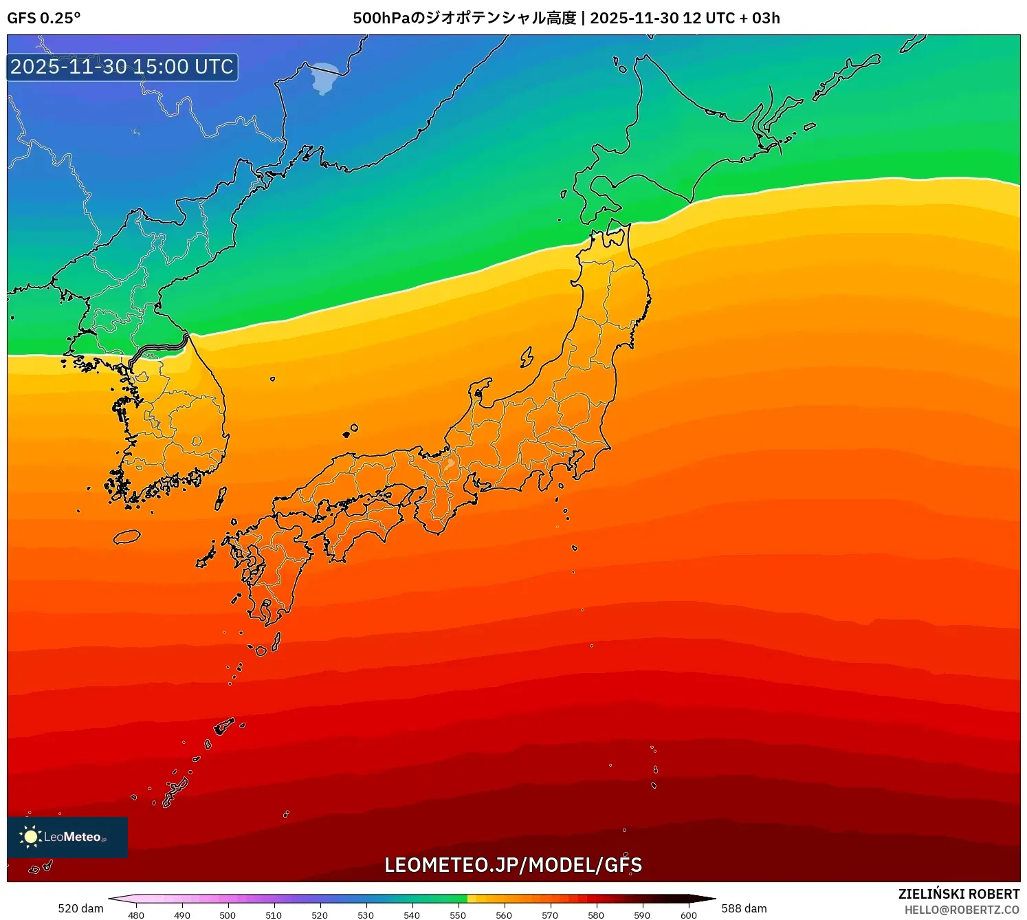 GFS model - 日本, 500hPaのジオポテンシャル高度