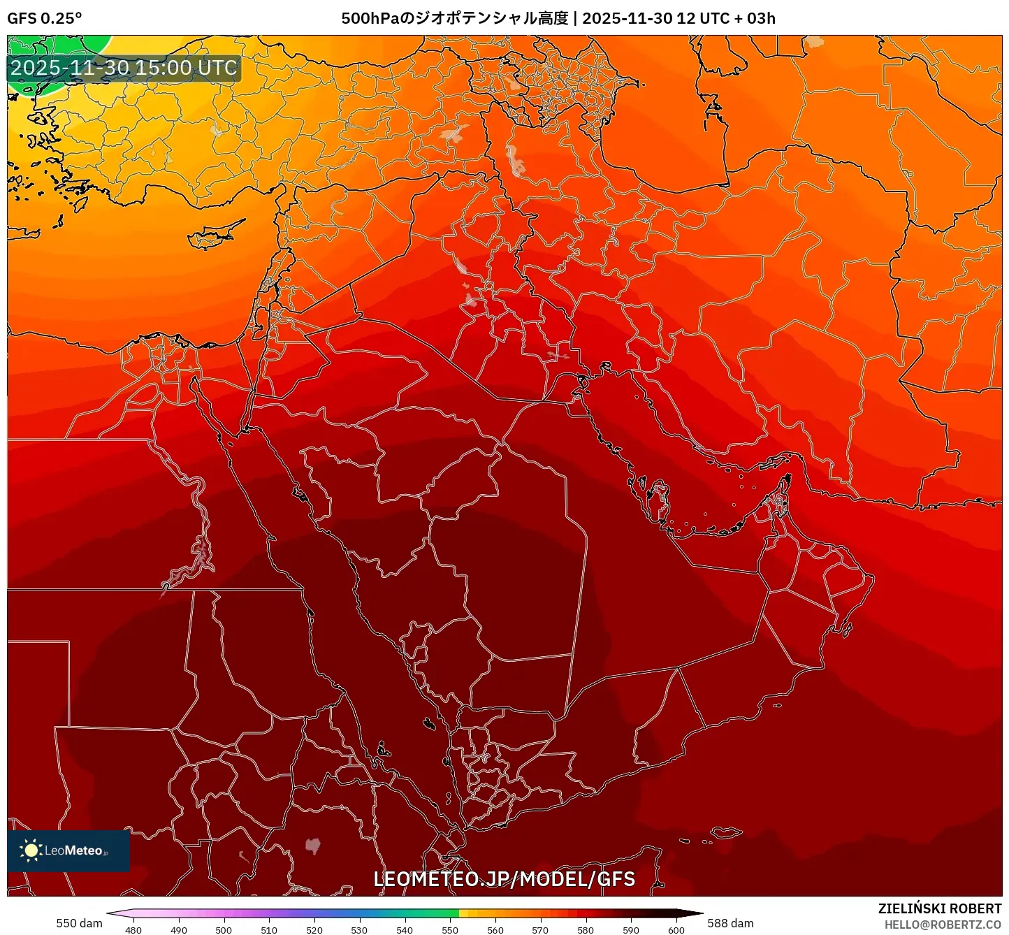GFS model - 中東, 500hPaのジオポテンシャル高度