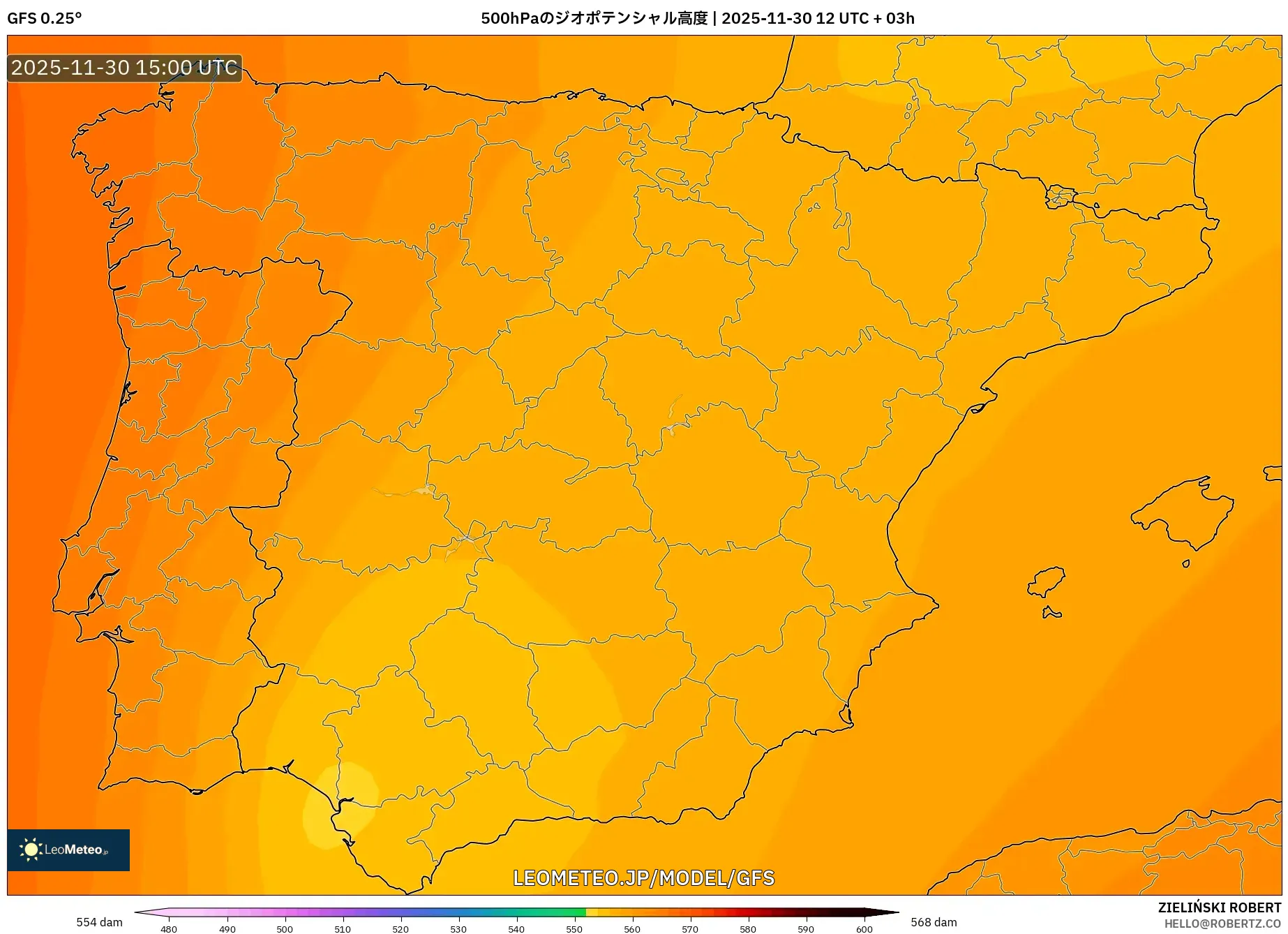 GFS model - スペイン, 500hPaのジオポテンシャル高度
