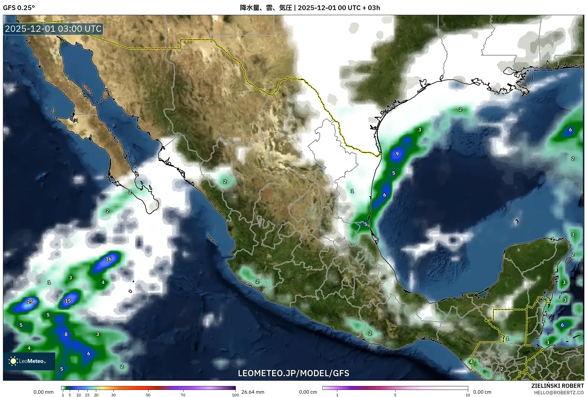 GFS model - メキシコ, 降水量、雲、気圧
