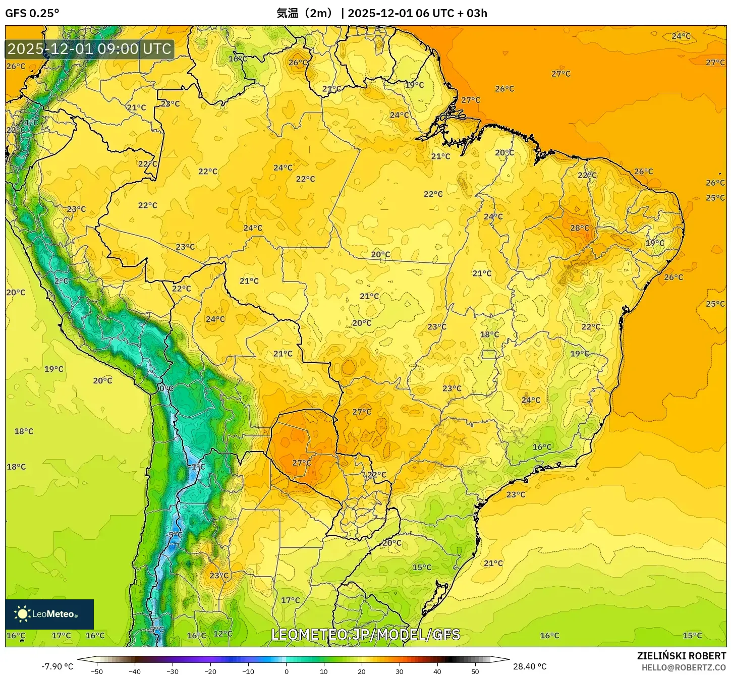 GFS model - ブラジル, 気温（2m）