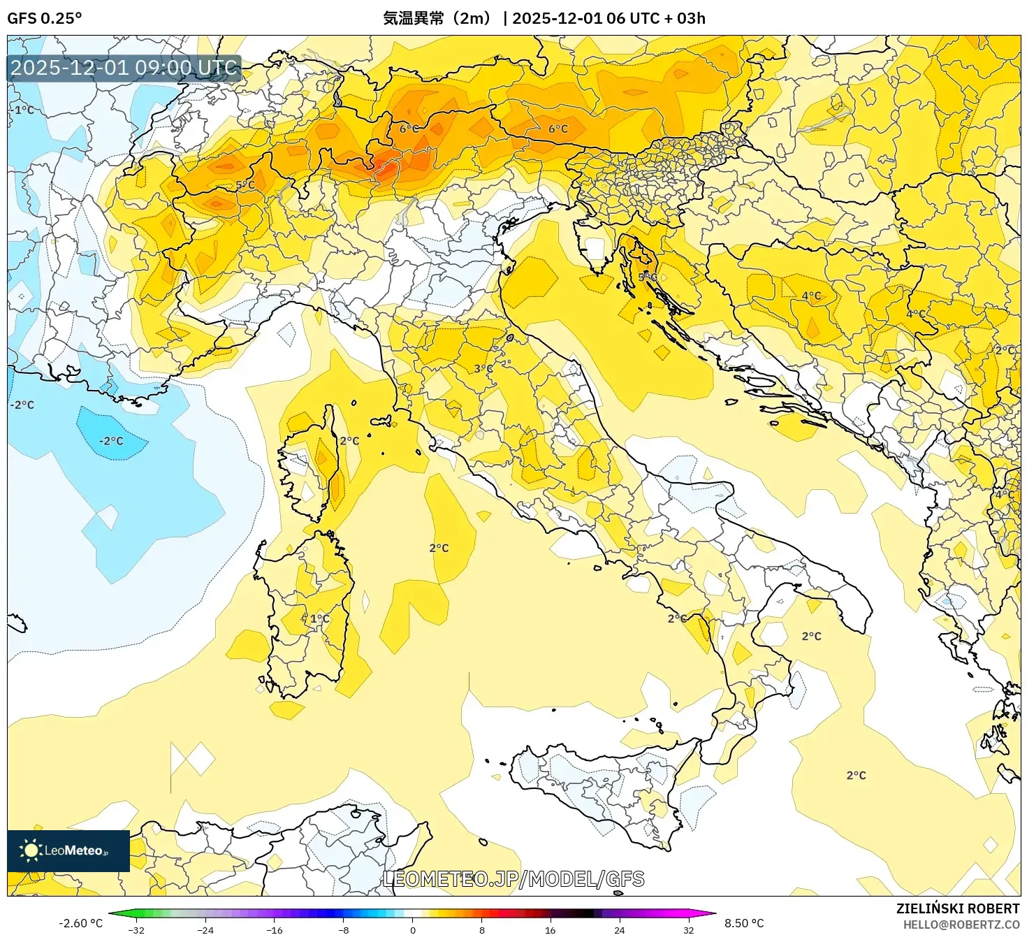GFS model - イタリア, 気温異常（2m）