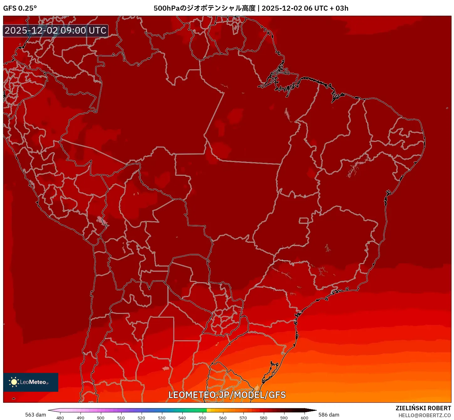 GFS model - ブラジル, 500hPaのジオポテンシャル高度