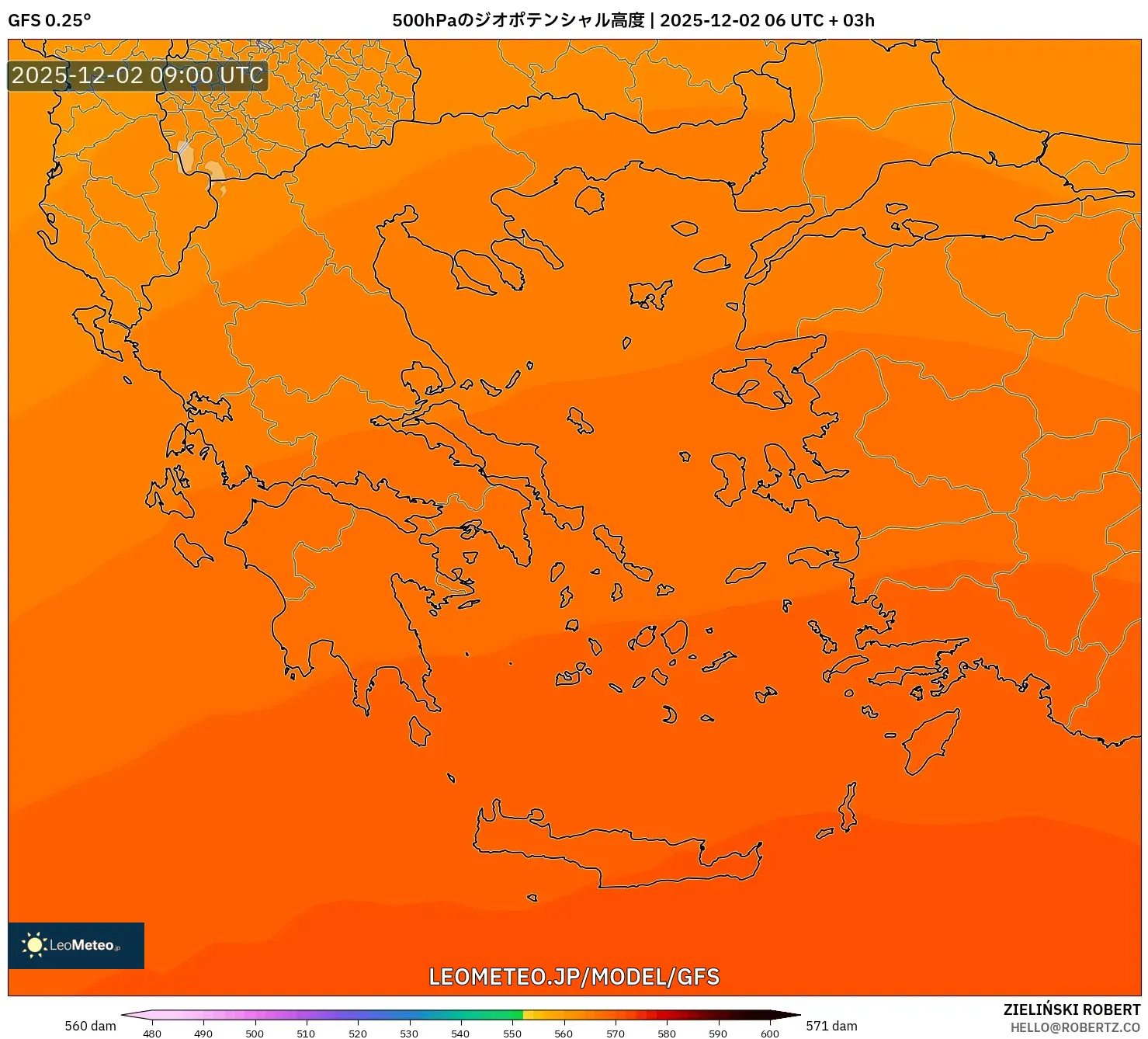 GFS model - ギリシャ, 500hPaのジオポテンシャル高度