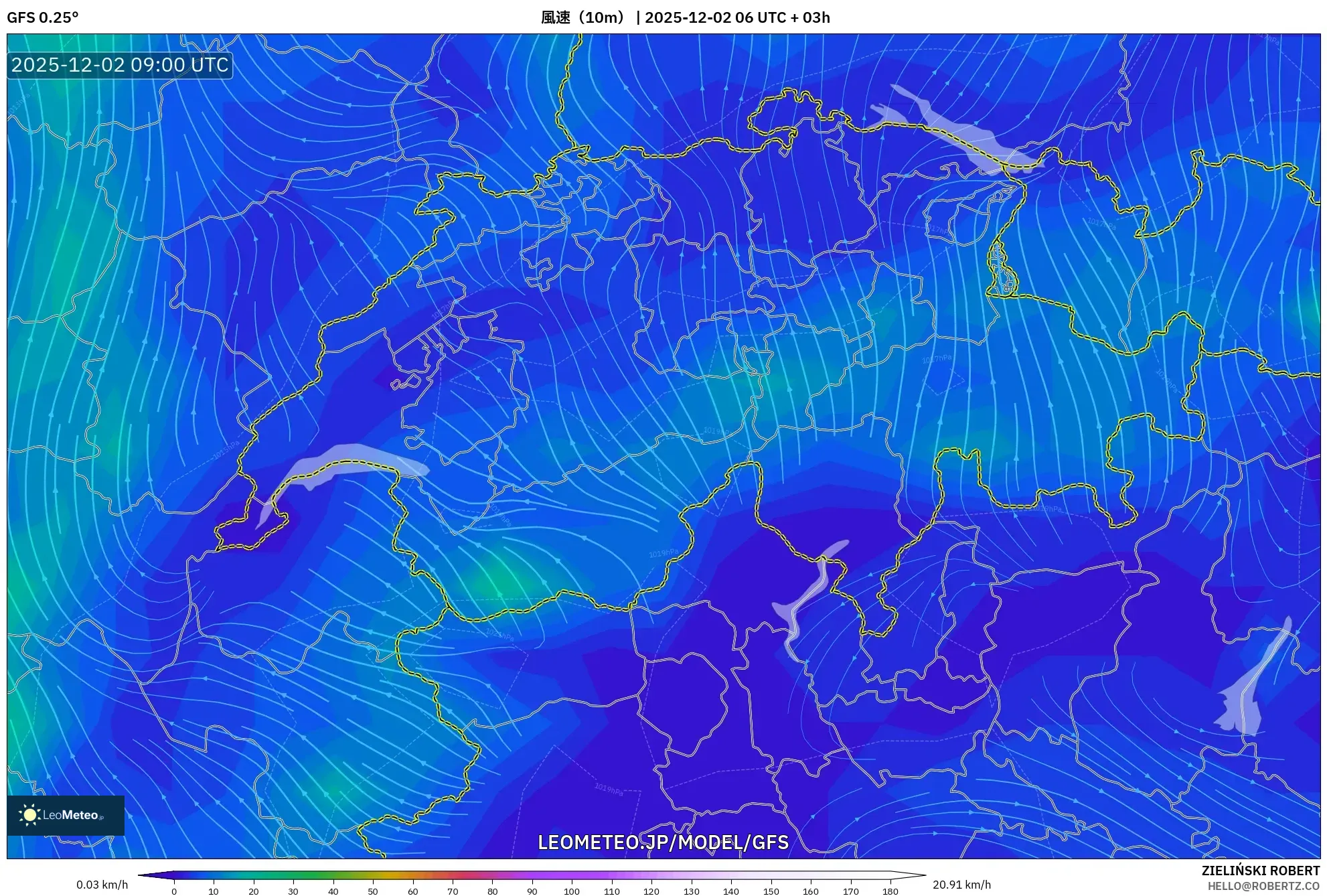 GFS model - スイス, 風速（10m）