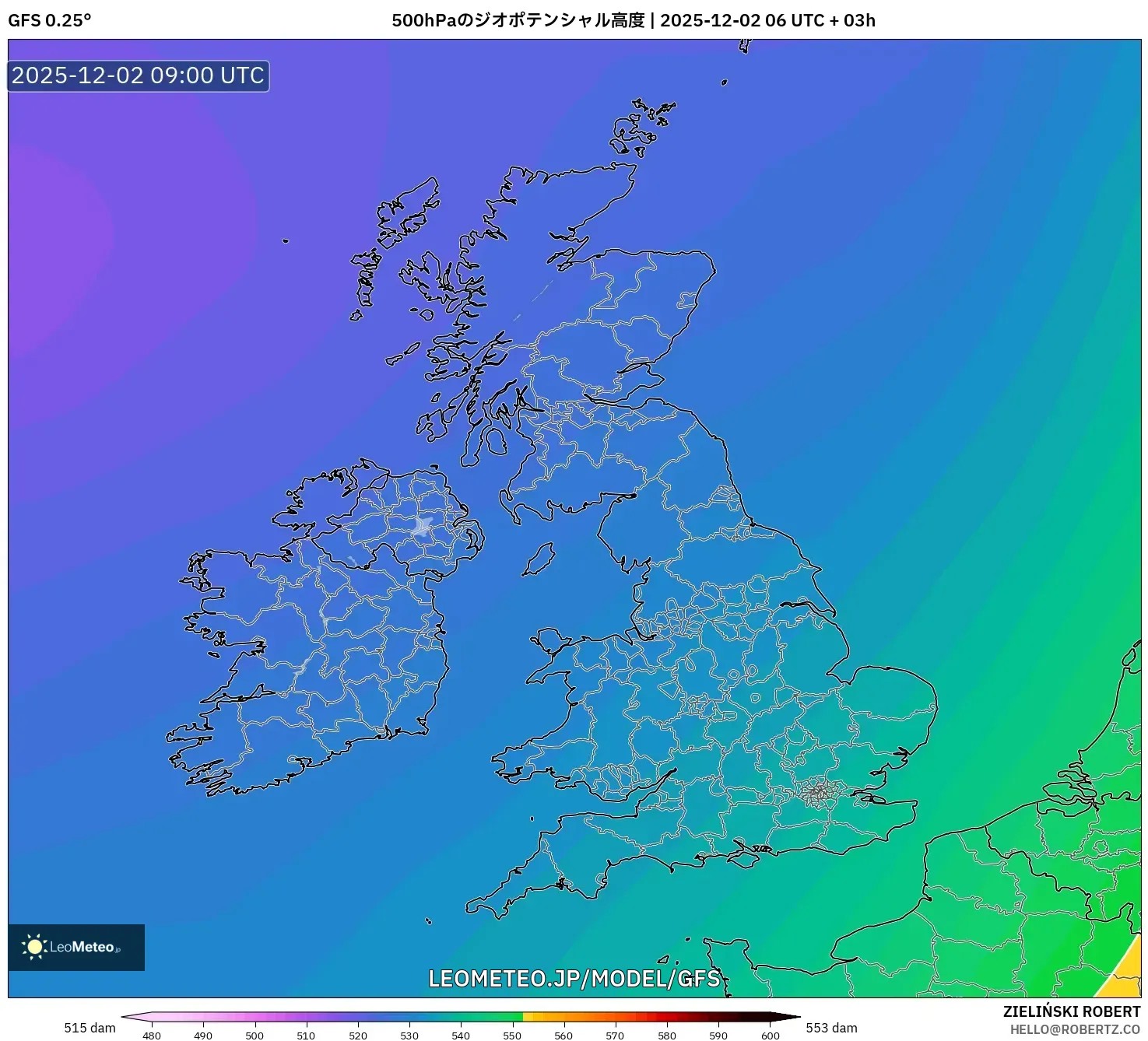 GFS model - イギリス, 500hPaのジオポテンシャル高度
