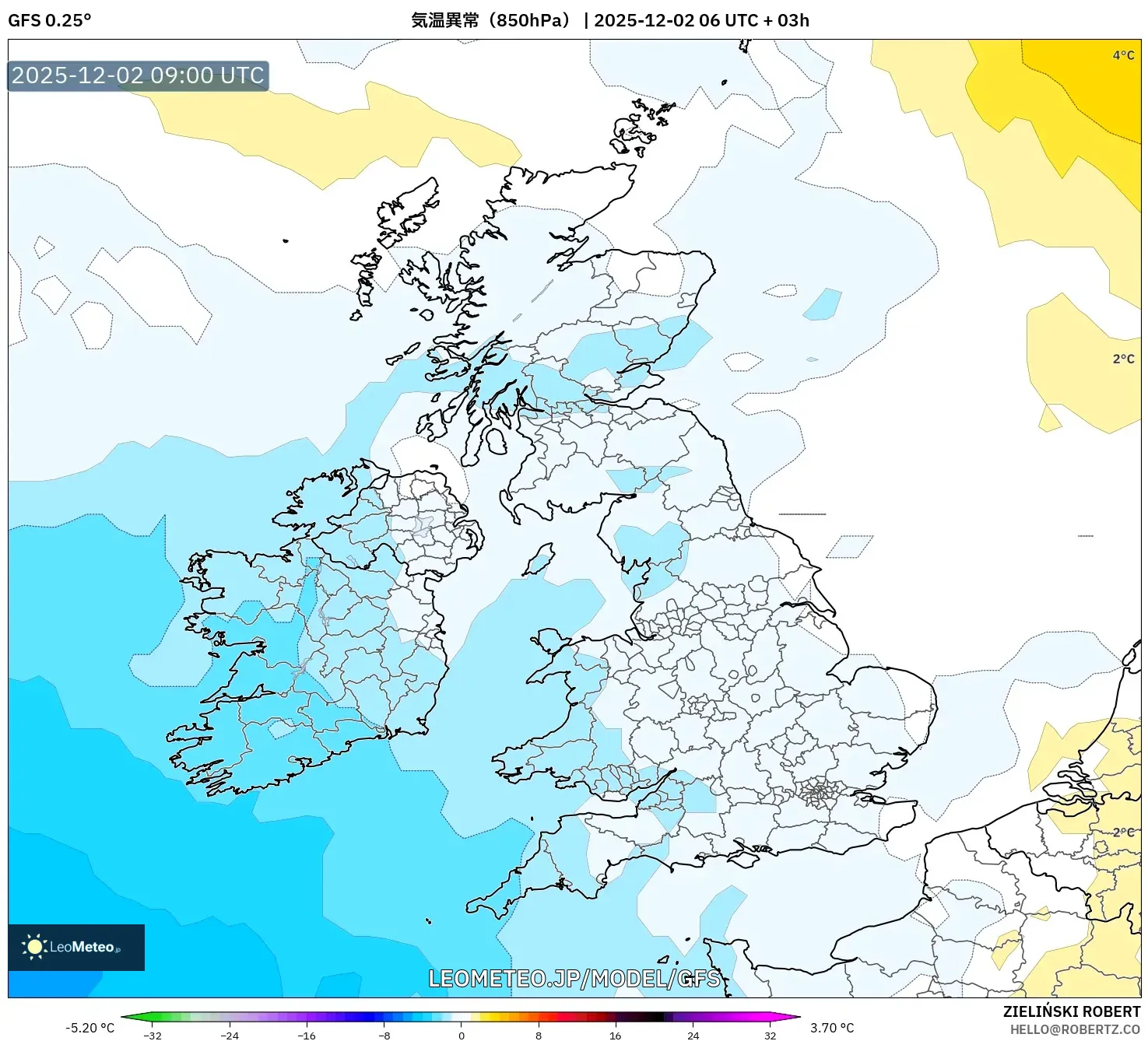 GFS model - イギリス, 気温異常（850hPa）