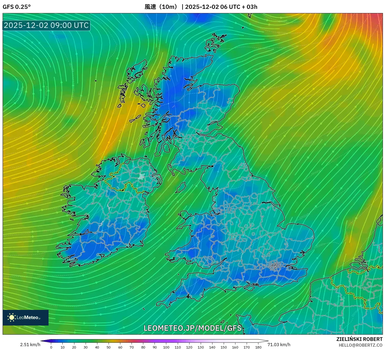 GFS model - イギリス, 風速（10m）