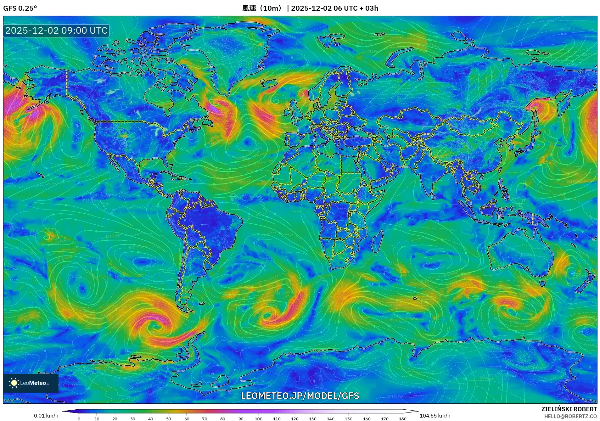 GFS model - 世界, 風速（10m）