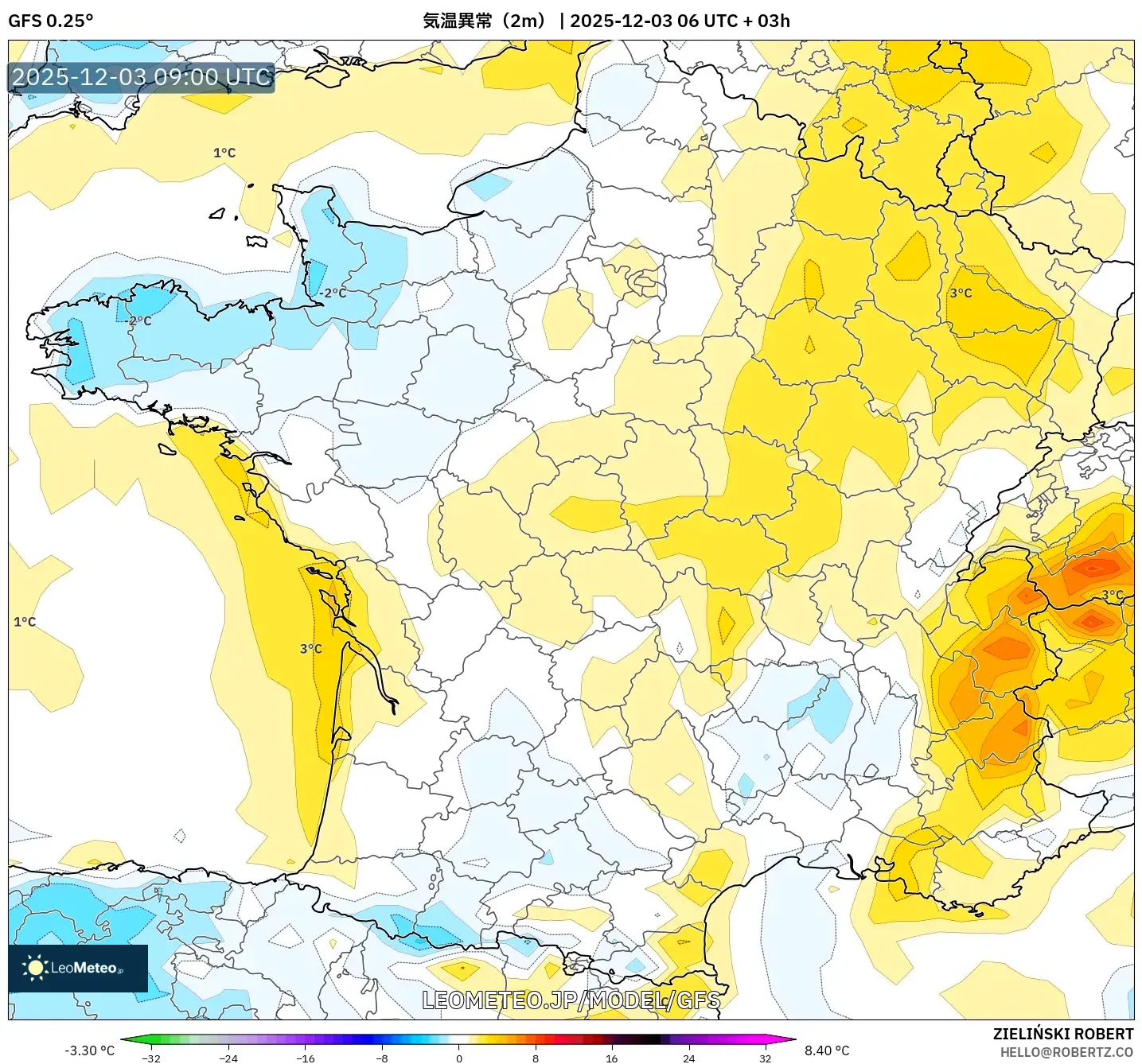 GFS model - フランス, 気温異常（2m）