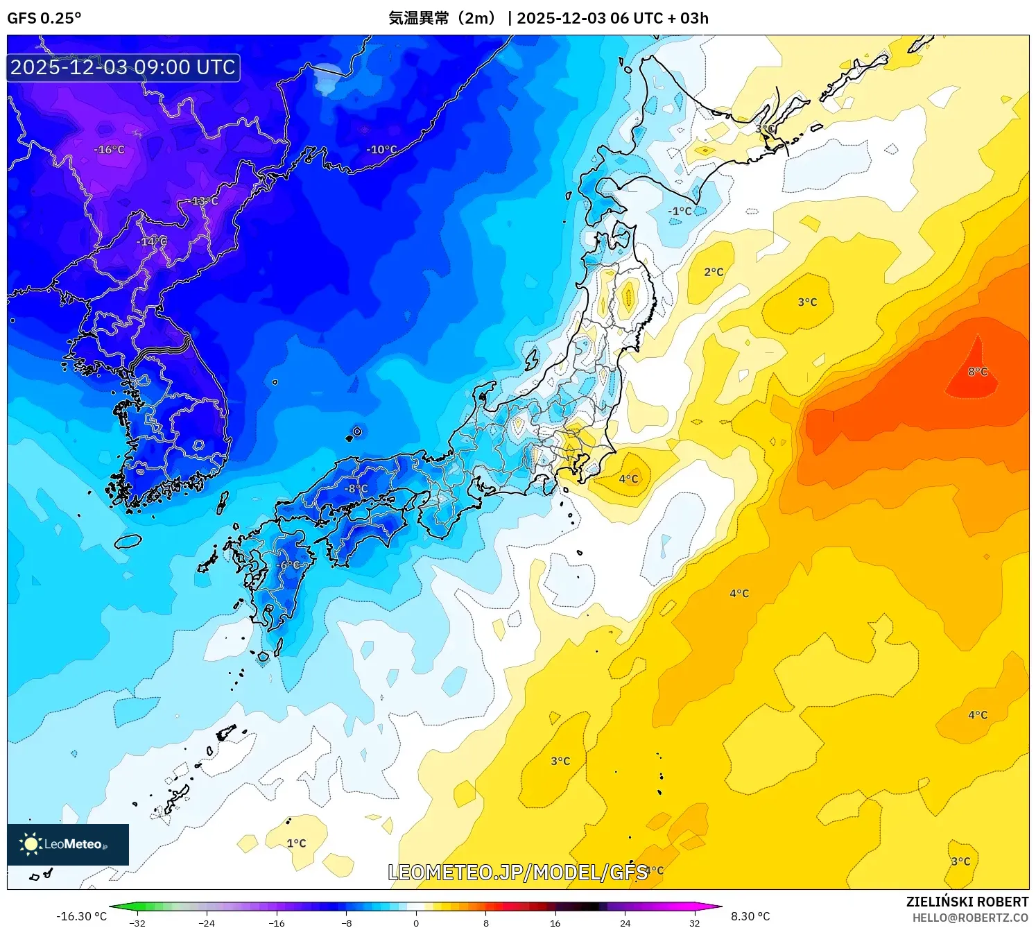 GFS model - 日本, 気温異常（2m）