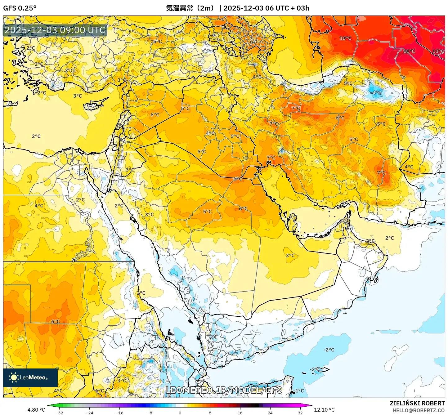 GFS model - 中東, 気温異常（2m）