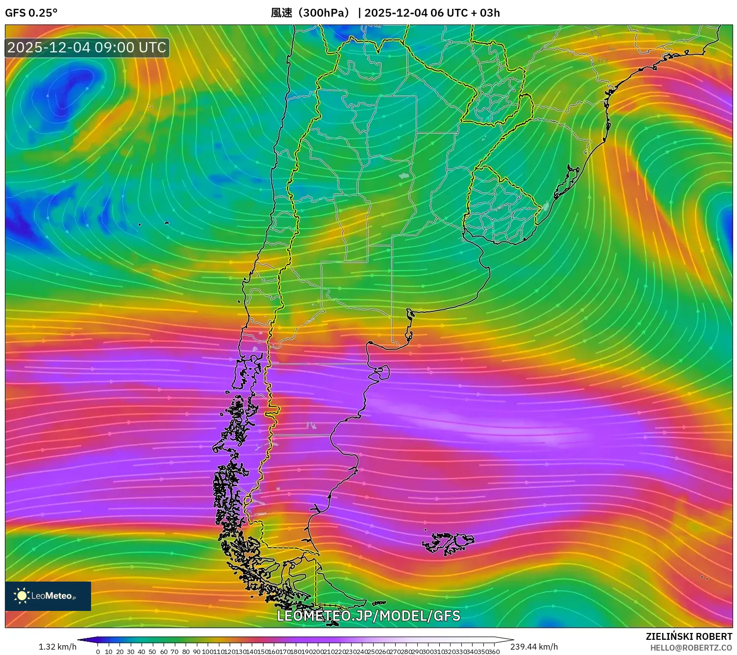 GFS model - アルゼンチン, 風速（300hPa）