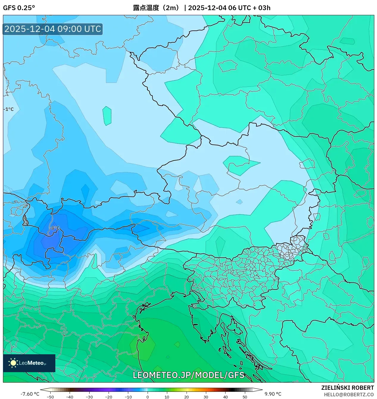 GFS model - オーストリア, 露点温度（2m）