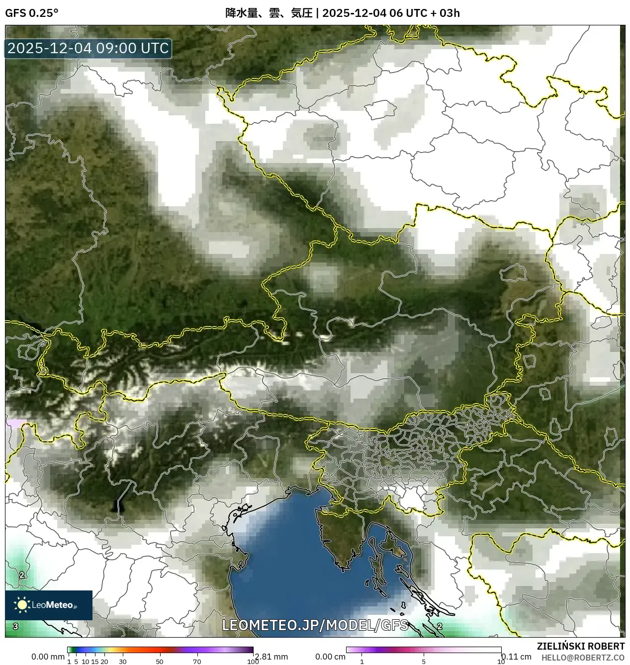 GFS model - オーストリア, 降水量、雲、気圧