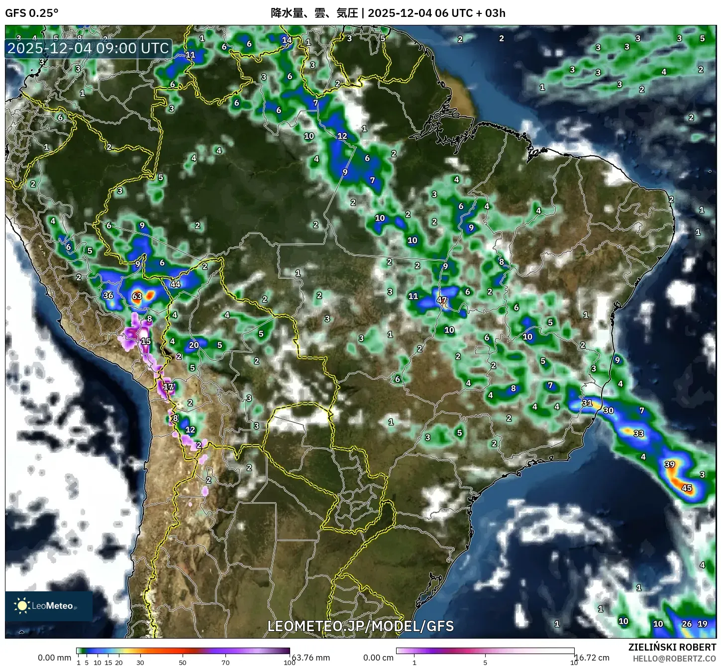 GFS model - ブラジル, 降水量、雲、気圧