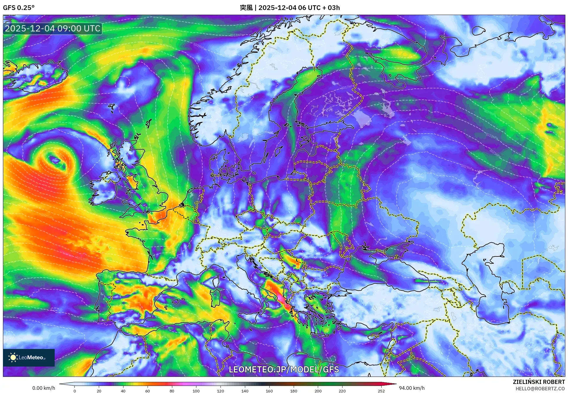 GFS model - ヨーロッパ, 突風
