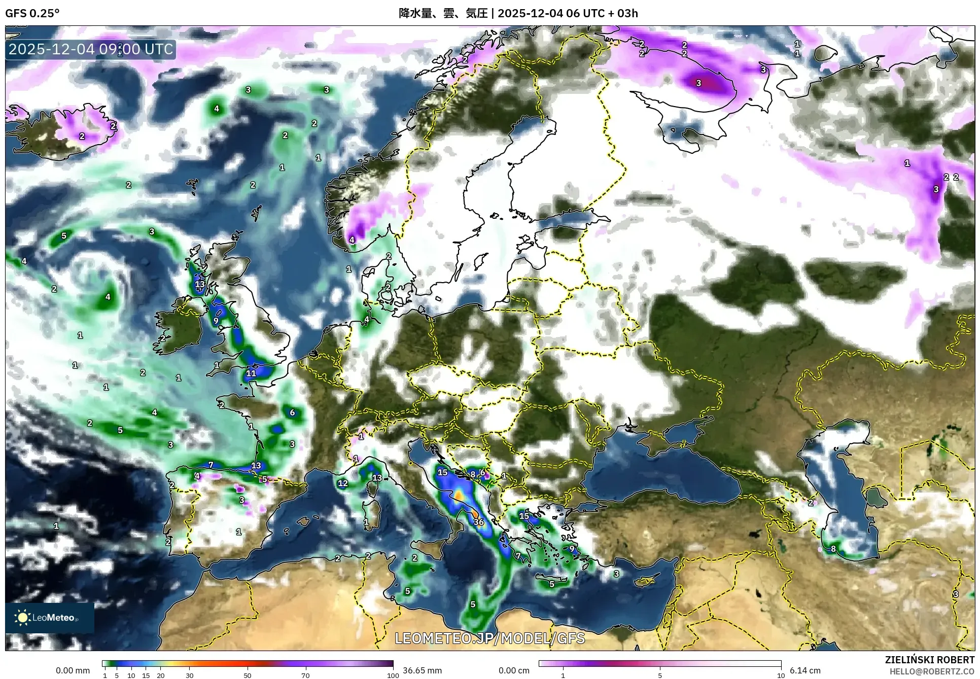 GFS model - ヨーロッパ, 降水量、雲、気圧