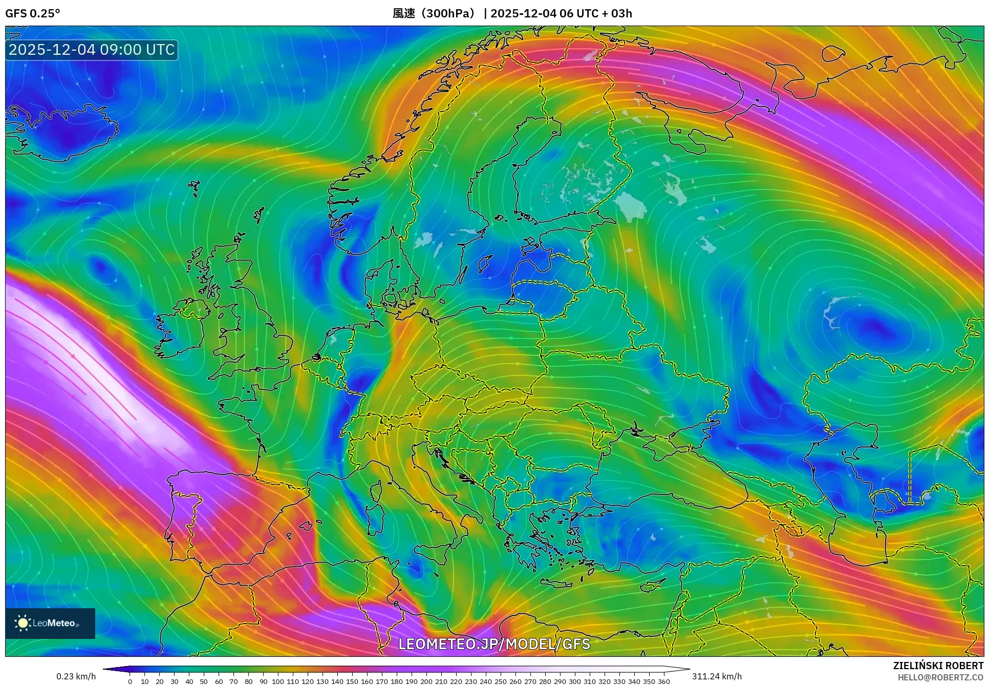 GFS model - ヨーロッパ, 風速（300hPa）
