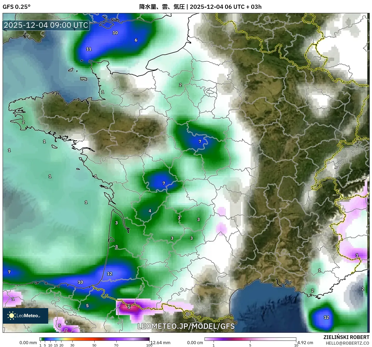 GFS model - フランス, 降水量、雲、気圧