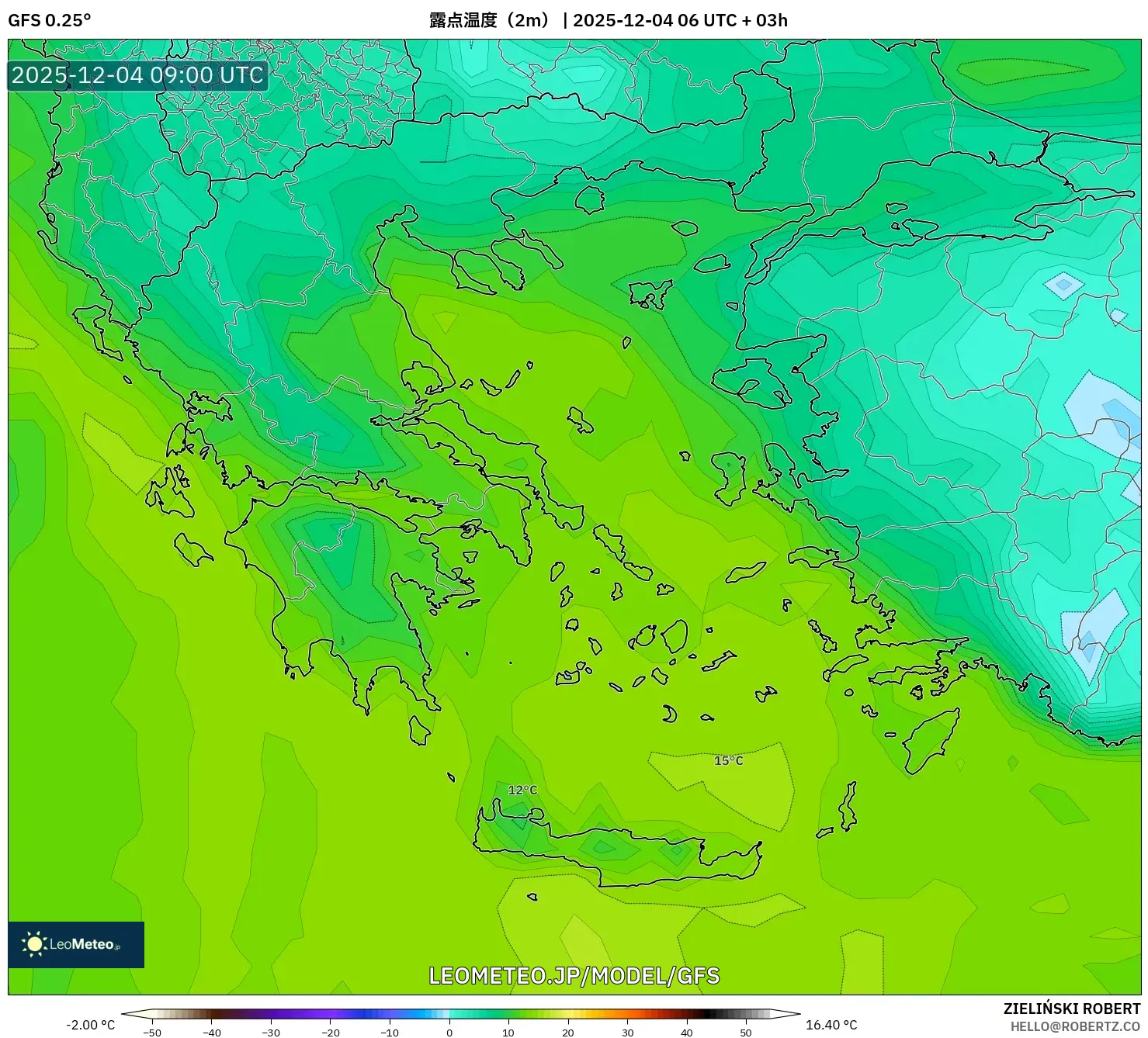 GFS model - ギリシャ, 露点温度（2m）